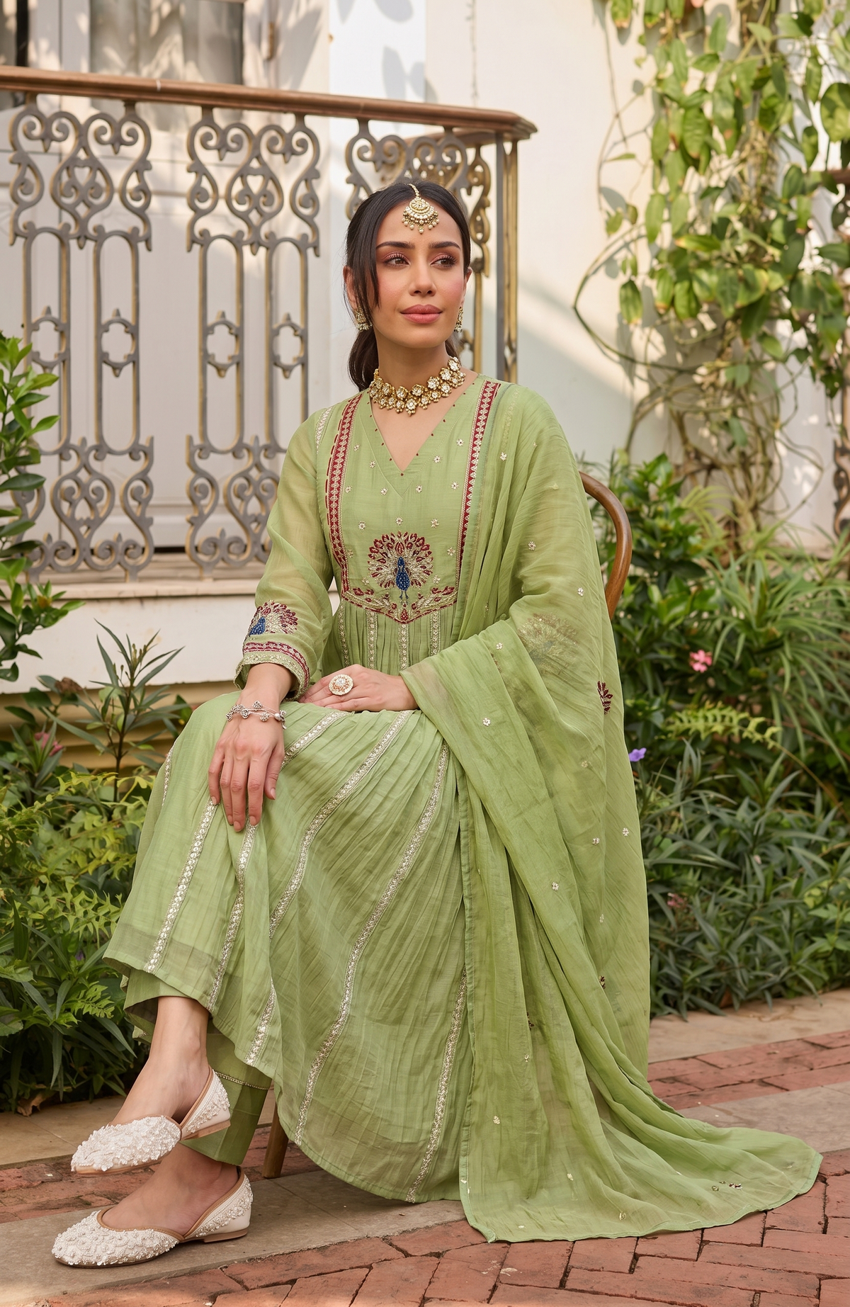Mint Green Embroidered Silk Anarkali Kurta With Dupatta Set For Women
