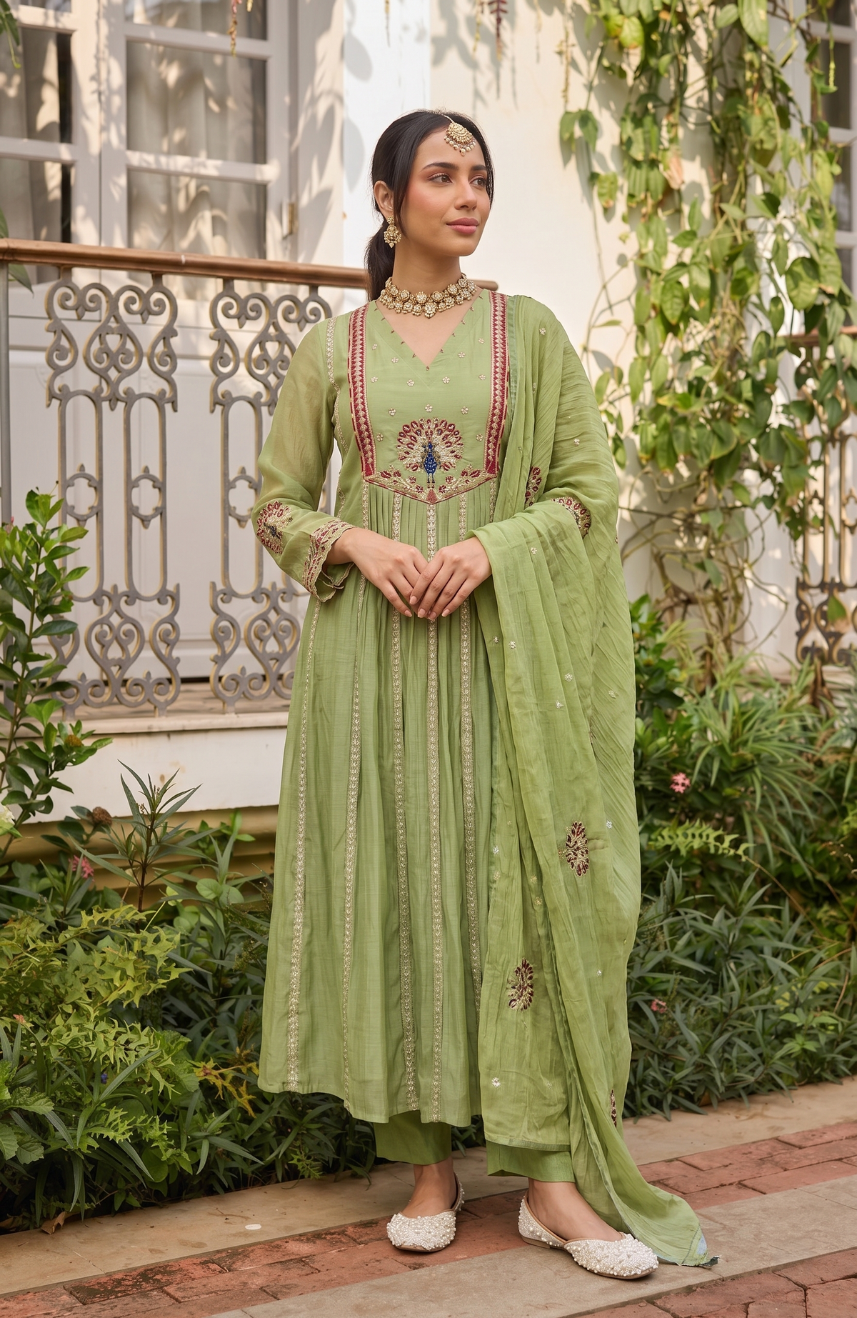 Mint Green Embroidered Silk Anarkali Kurta With Dupatta Set For Women