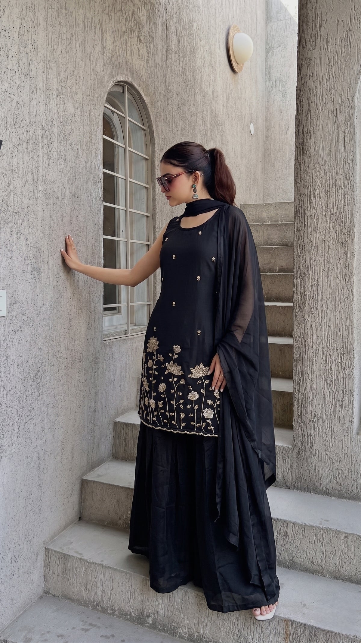 Black French Crepe Beaded Embroidered Kurta Sharara Set with Dupatta