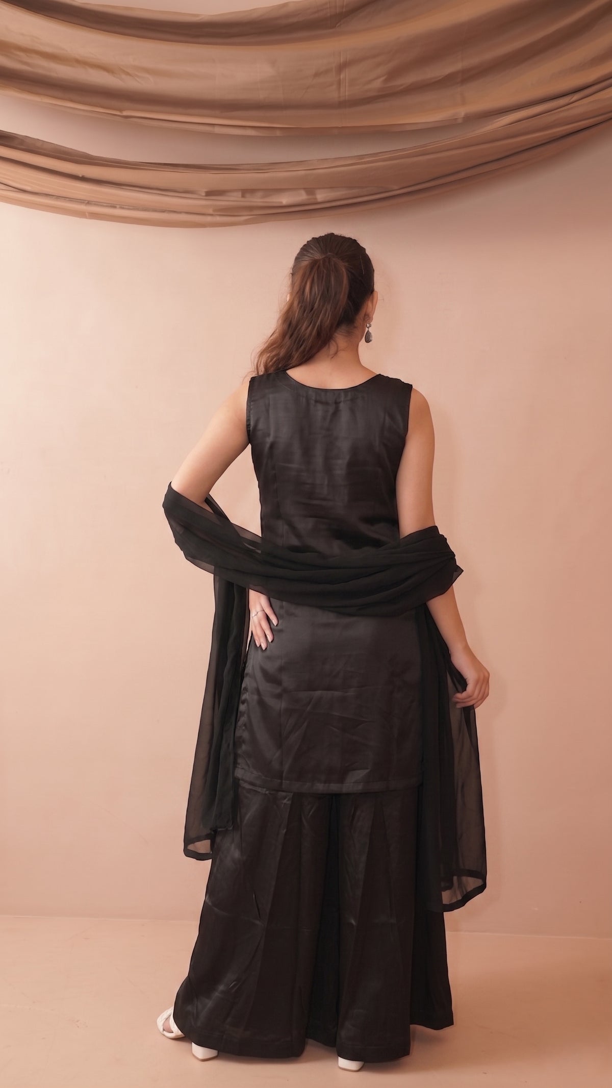 Black French Crepe Beaded Embroidered Kurta Sharara Set with Dupatta