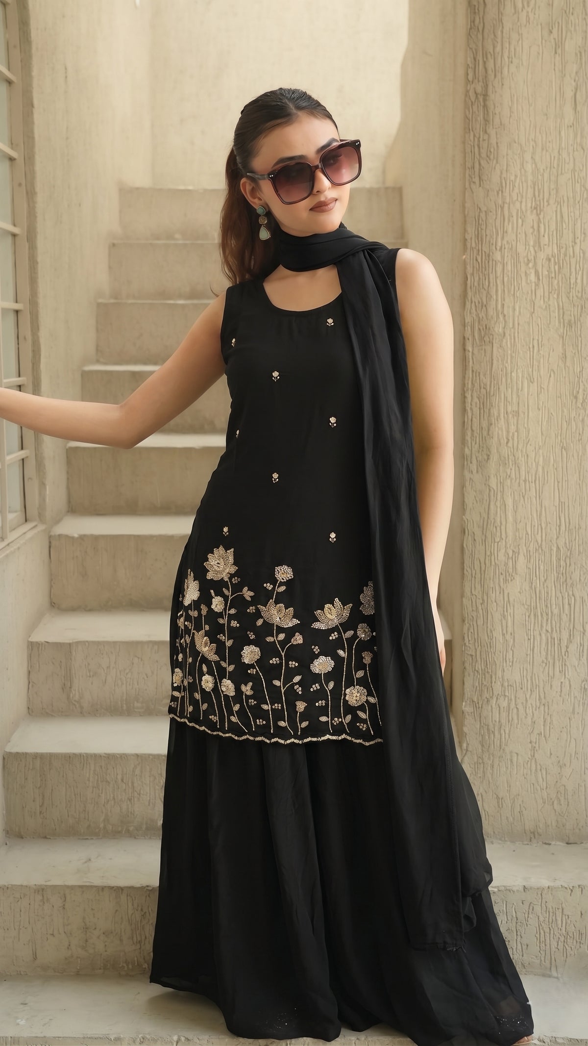 Black French Crepe Beaded Embroidered Kurta Sharara Set with Dupatta