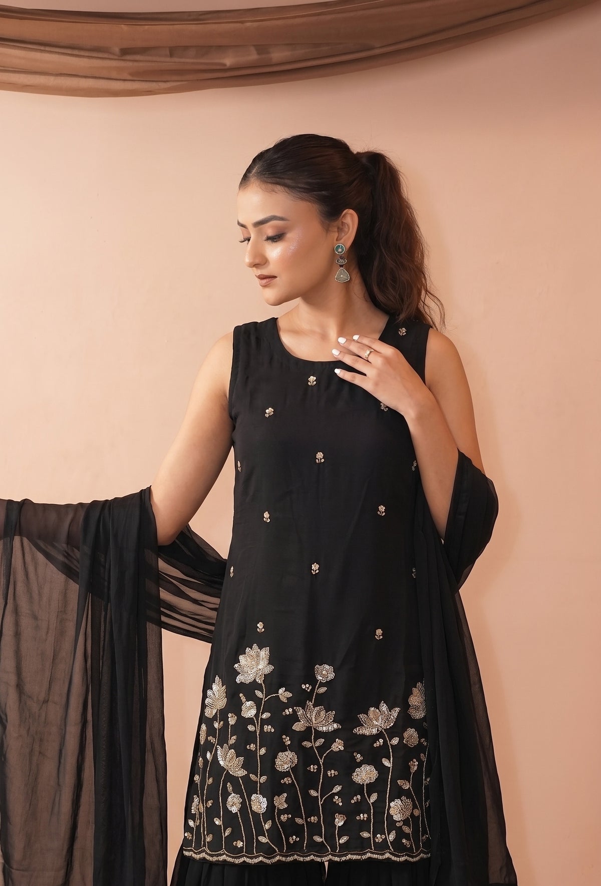 Black French Crepe Beaded Embroidered Kurta Sharara Set with Dupatta