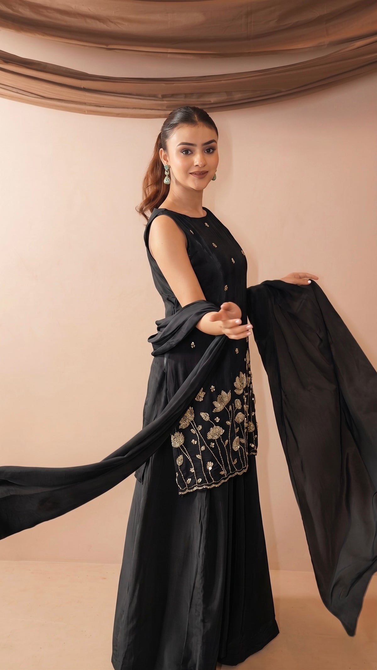 Black French Crepe Beaded Embroidered Kurta Sharara Set with Dupatta