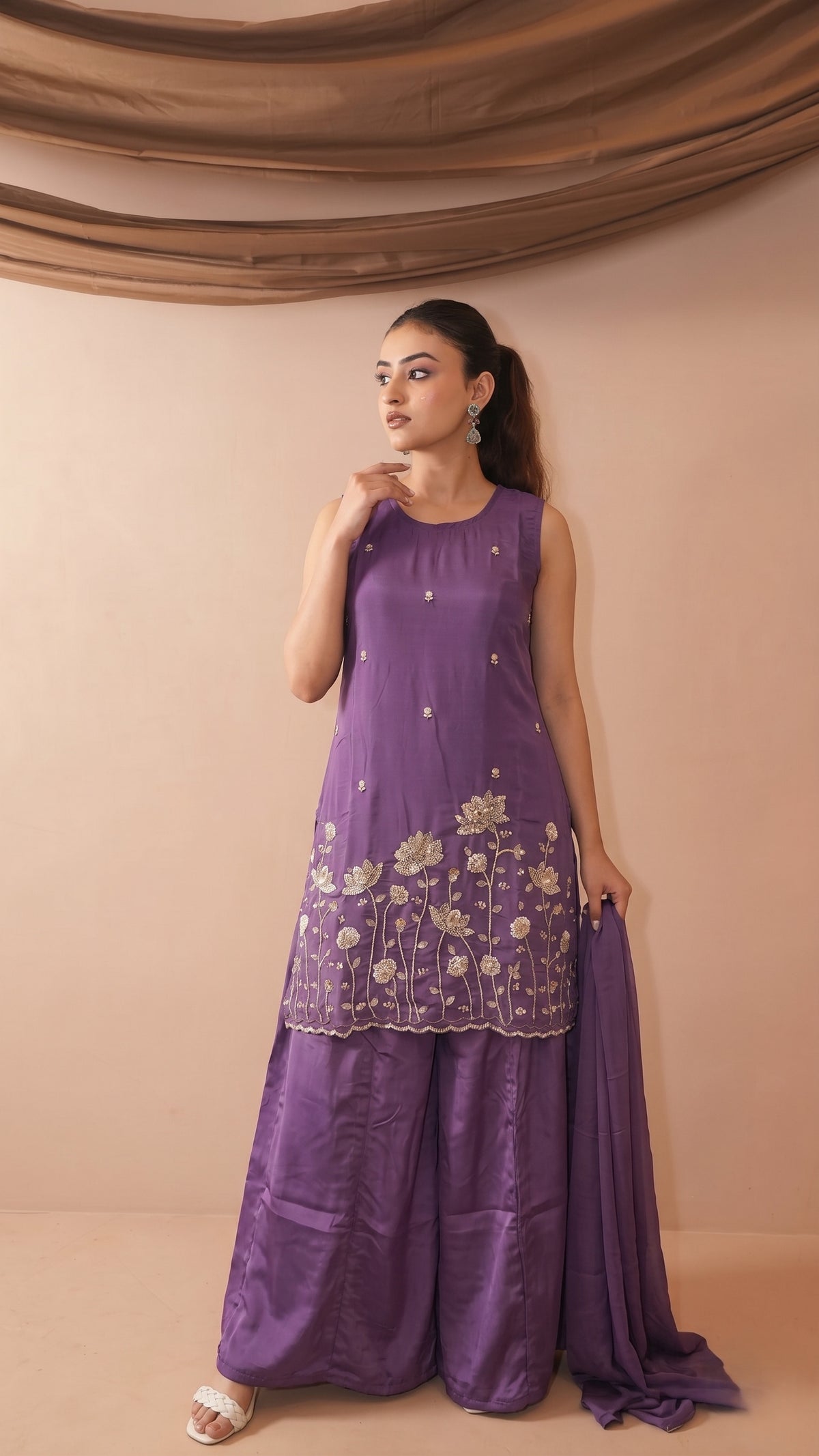 Lavender French Crepe Beaded Embroidered Kurta Sharara Set with Dupatta