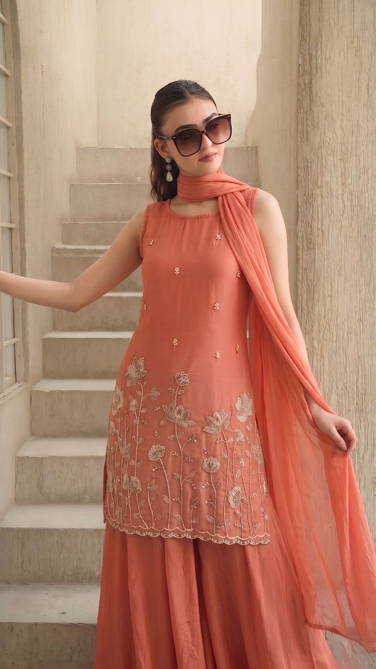 Peach French Crepe Beaded Embroidered Kurta Sharara Set with Dupatta