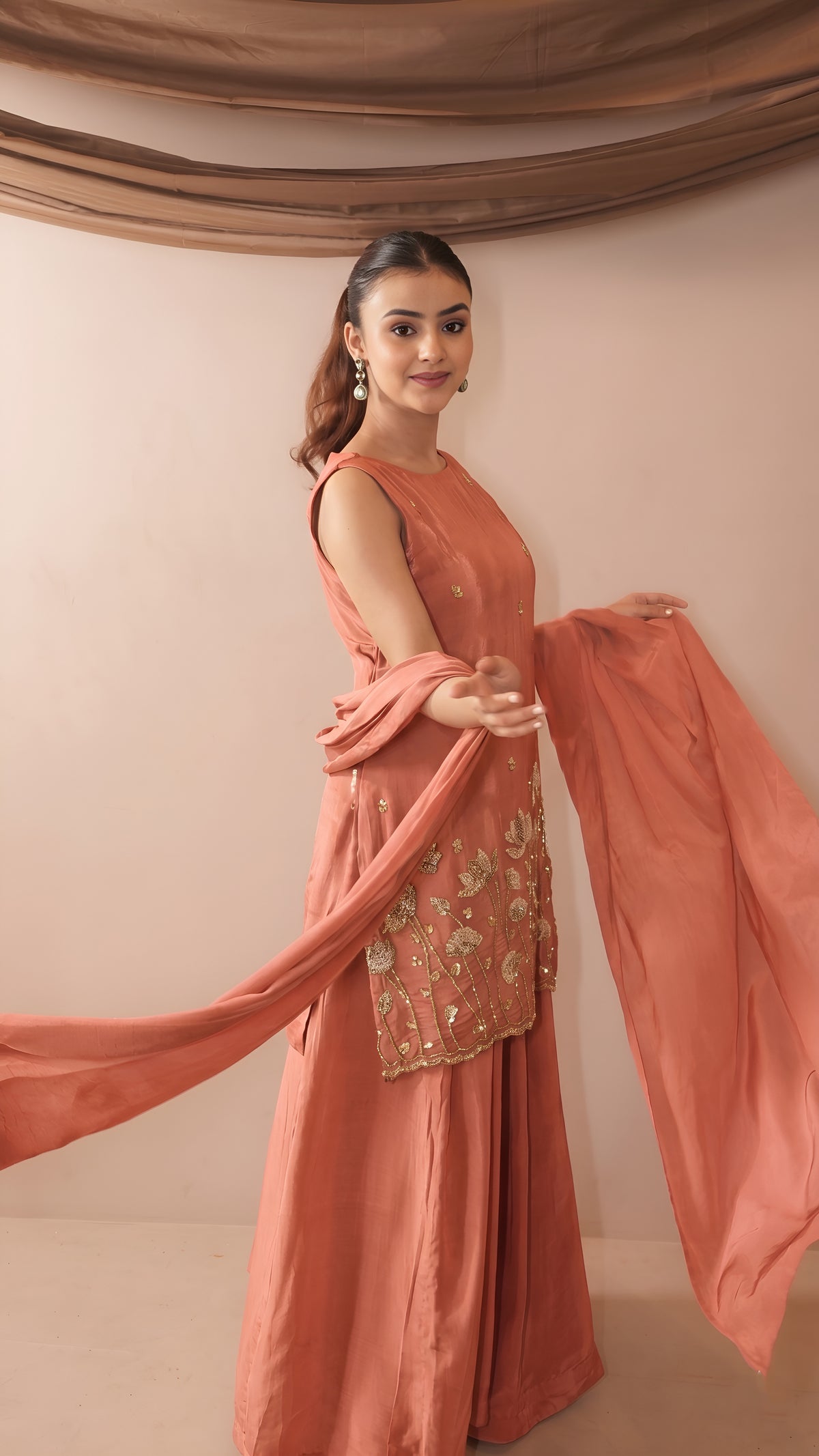 Peach French Crepe Beaded Embroidered Kurta Sharara Set with Dupatta