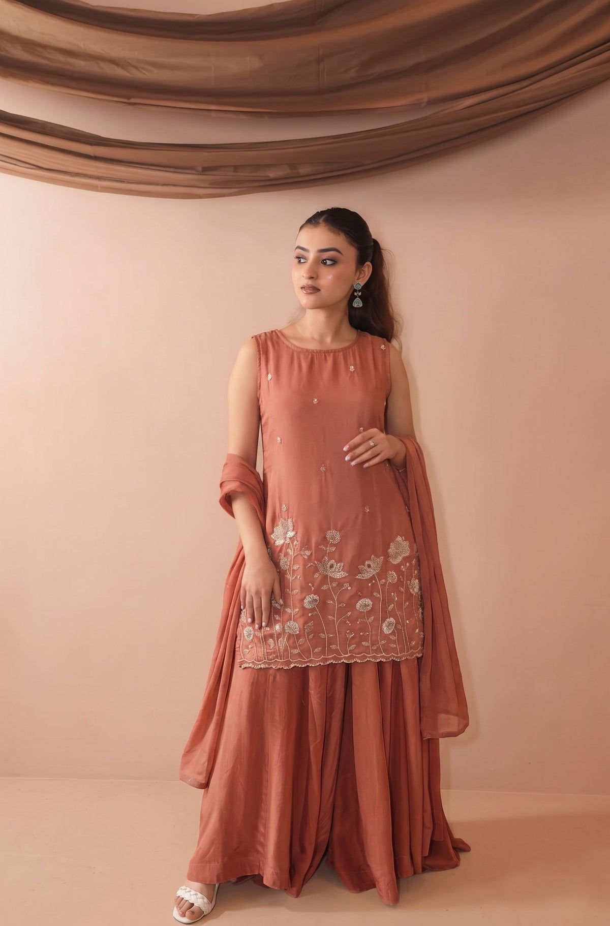 Peach French Crepe Beaded Embroidered Kurta Sharara Set with Dupatta