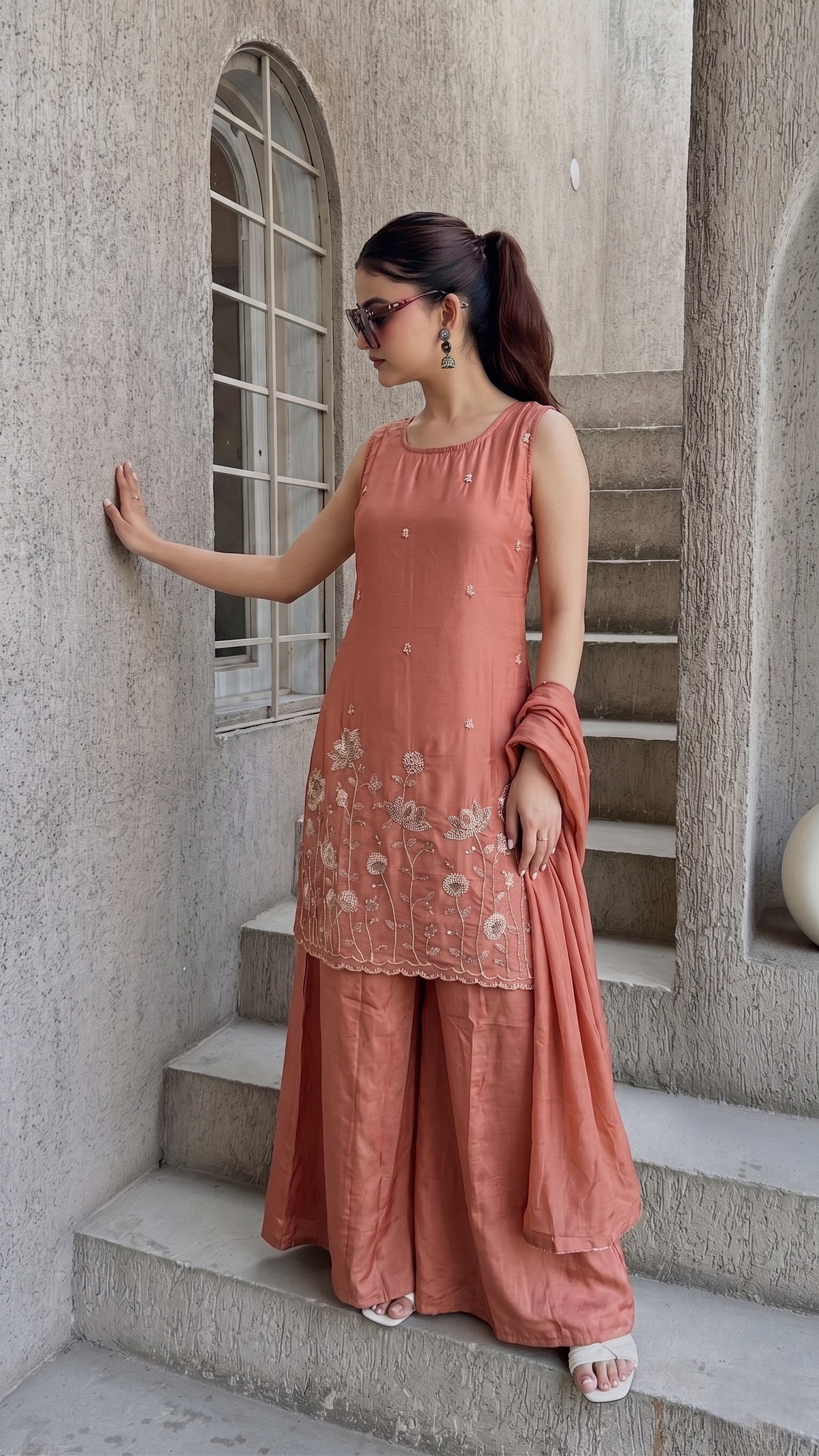 Peach French Crepe Beaded Embroidered Kurta Sharara Set with Dupatta
