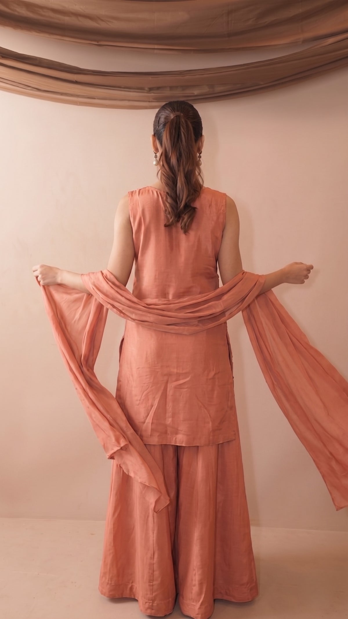 Peach French Crepe Beaded Embroidered Kurta Sharara Set with Dupatta