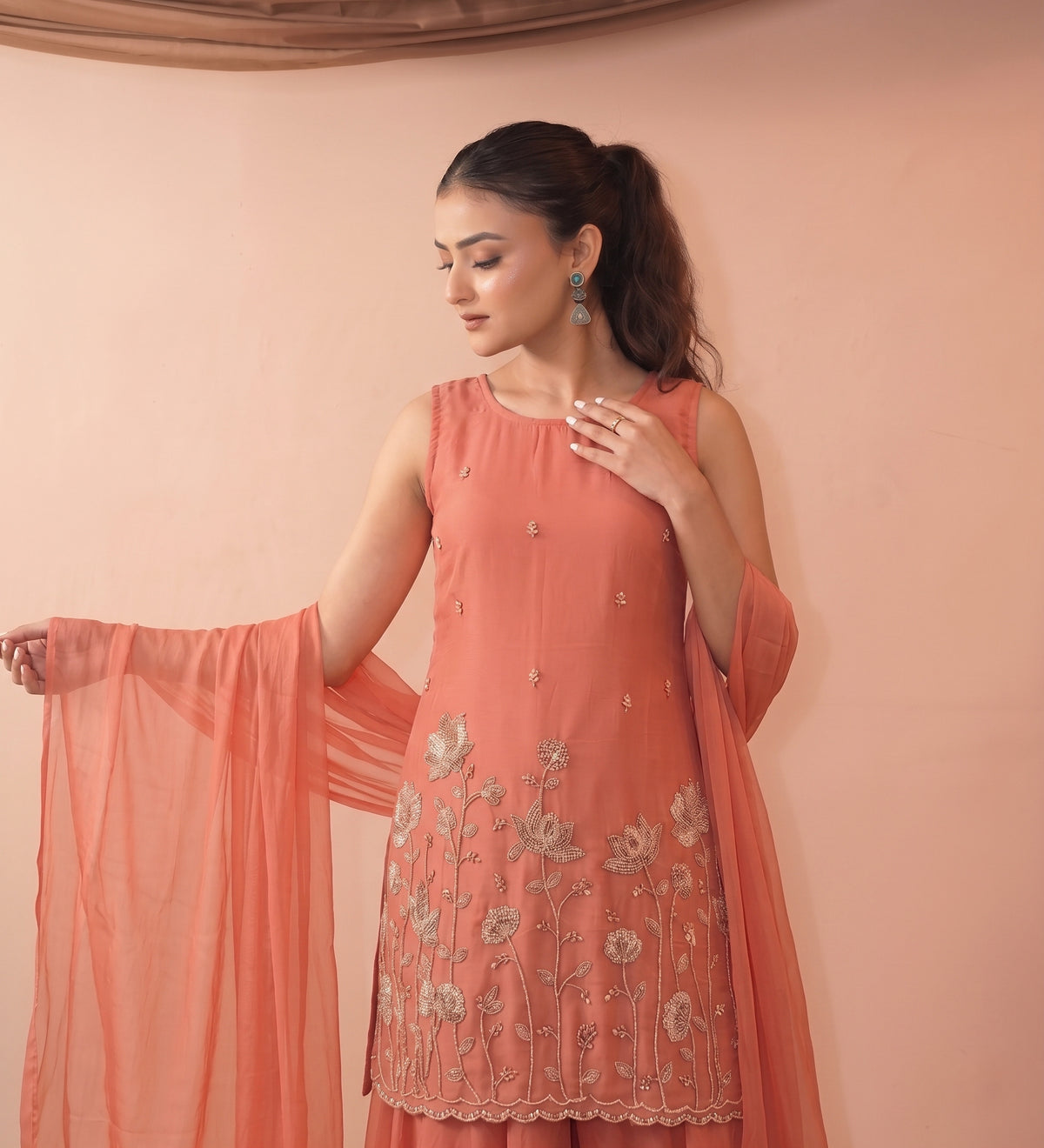 Peach French Crepe Beaded Embroidered Kurta Sharara Set with Dupatta