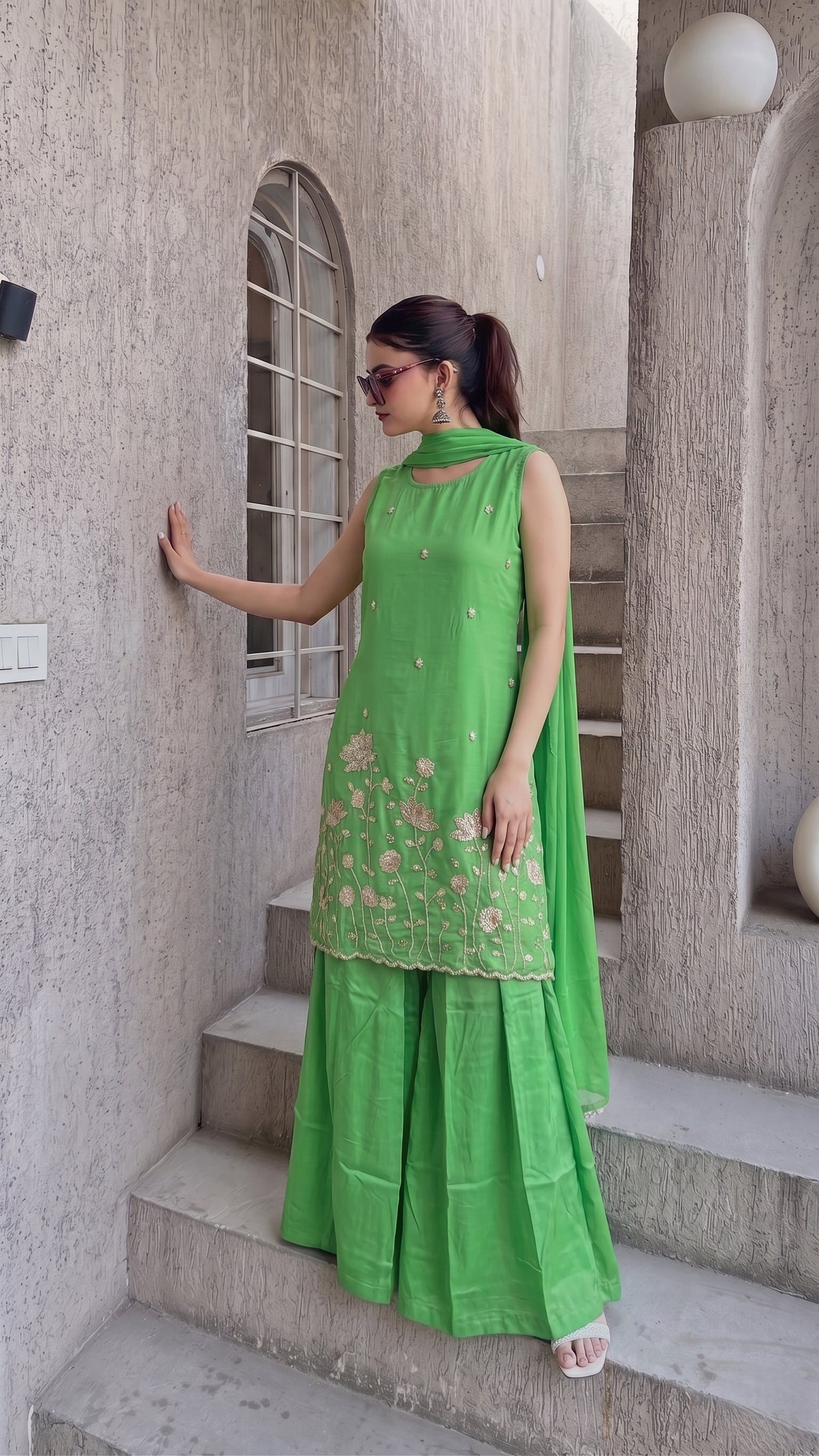 Emerald Green French Crepe Beaded Embroidered Kurta Sharara Set with Dupatta