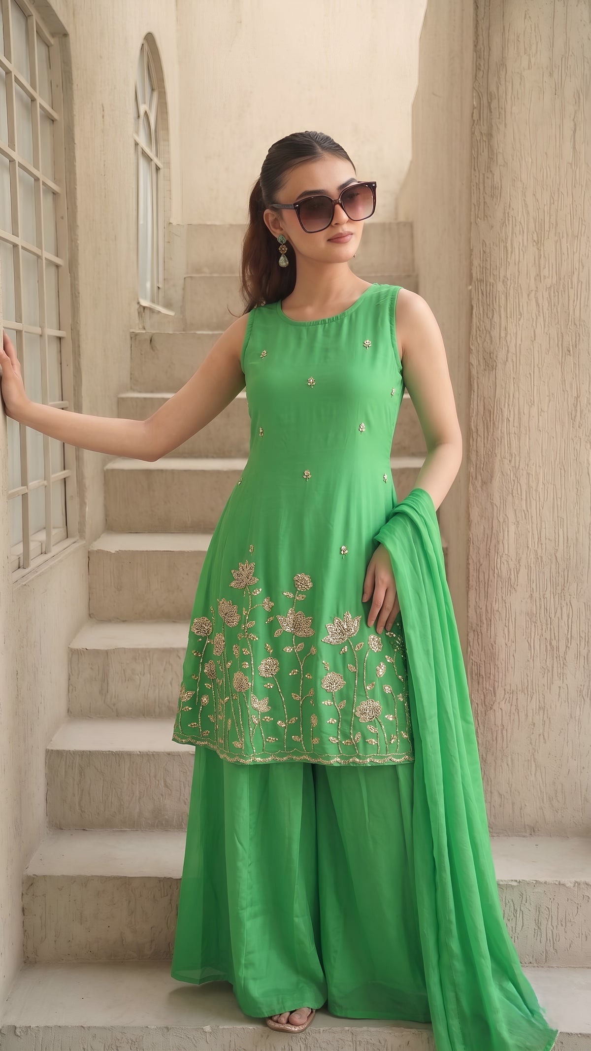 Emerald Green French Crepe Beaded Embroidered Kurta Sharara Set with Dupatta