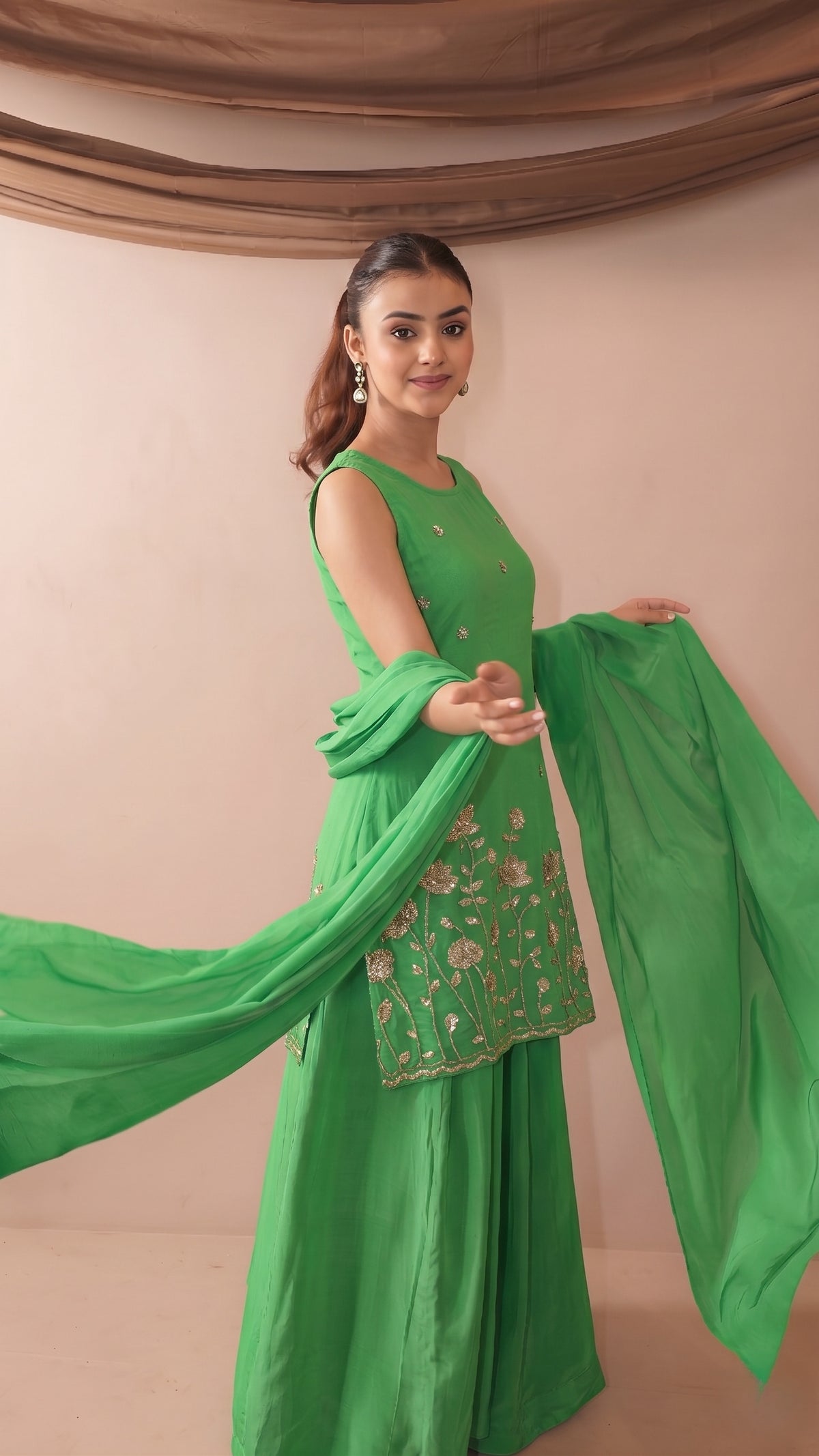 Emerald Green French Crepe Beaded Embroidered Kurta Sharara Set with Dupatta