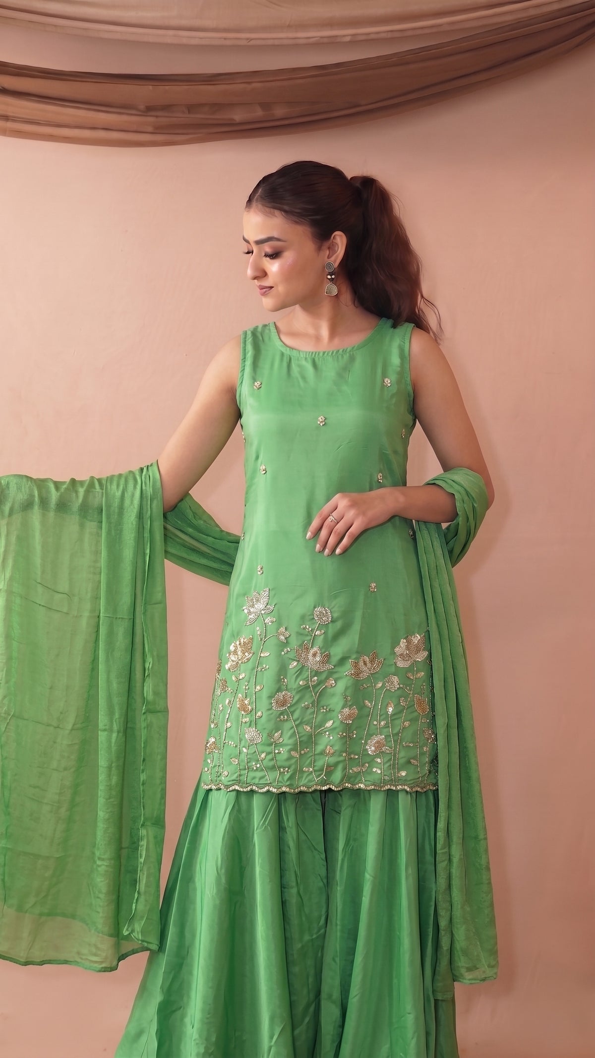 Emerald Green French Crepe Beaded Embroidered Kurta Sharara Set with Dupatta