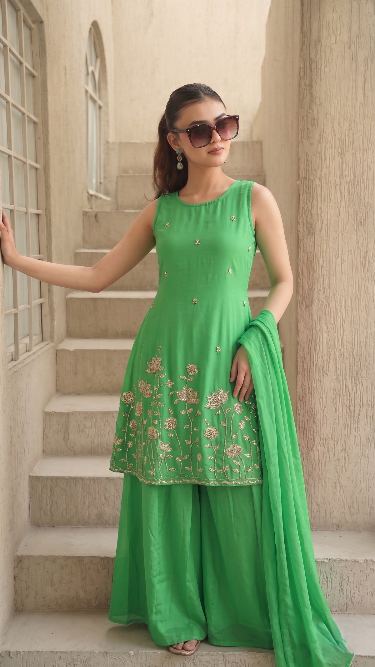 Emerald Green French Crepe Beaded Embroidered Kurta Sharara Set with Dupatta