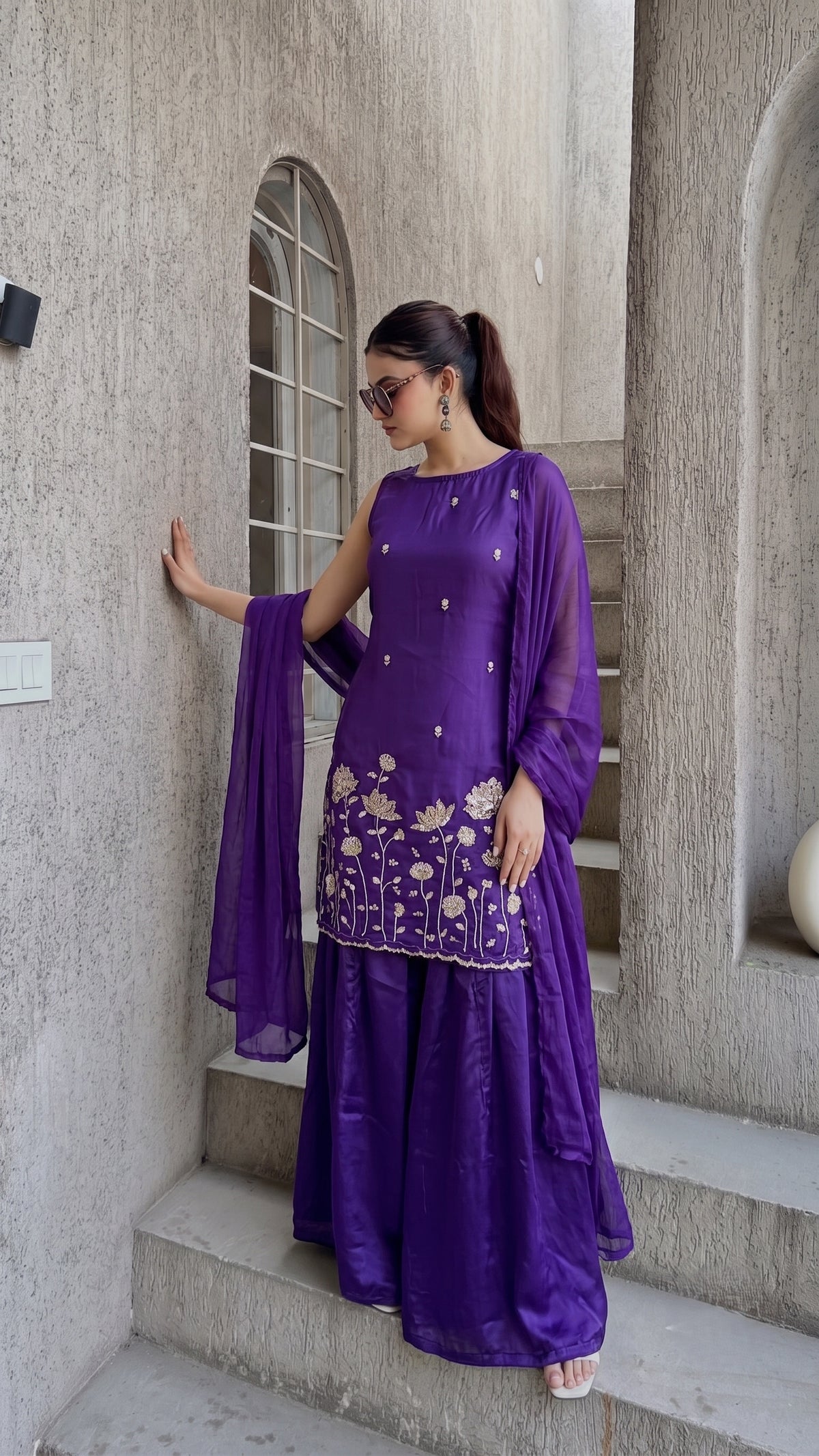 Violet French Crepe Beaded Embroidered Kurta Sharara Set with Dupatta