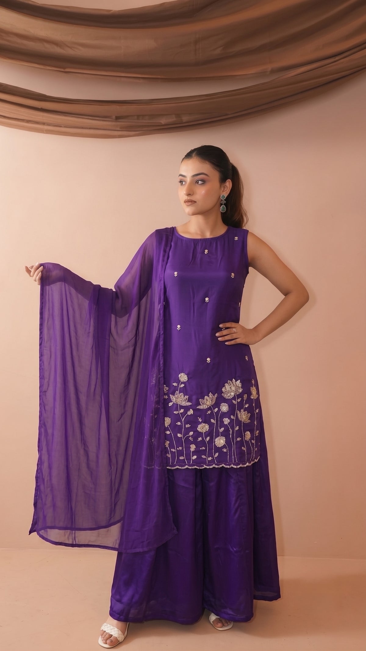 Violet French Crepe Beaded Embroidered Kurta Sharara Set with Dupatta