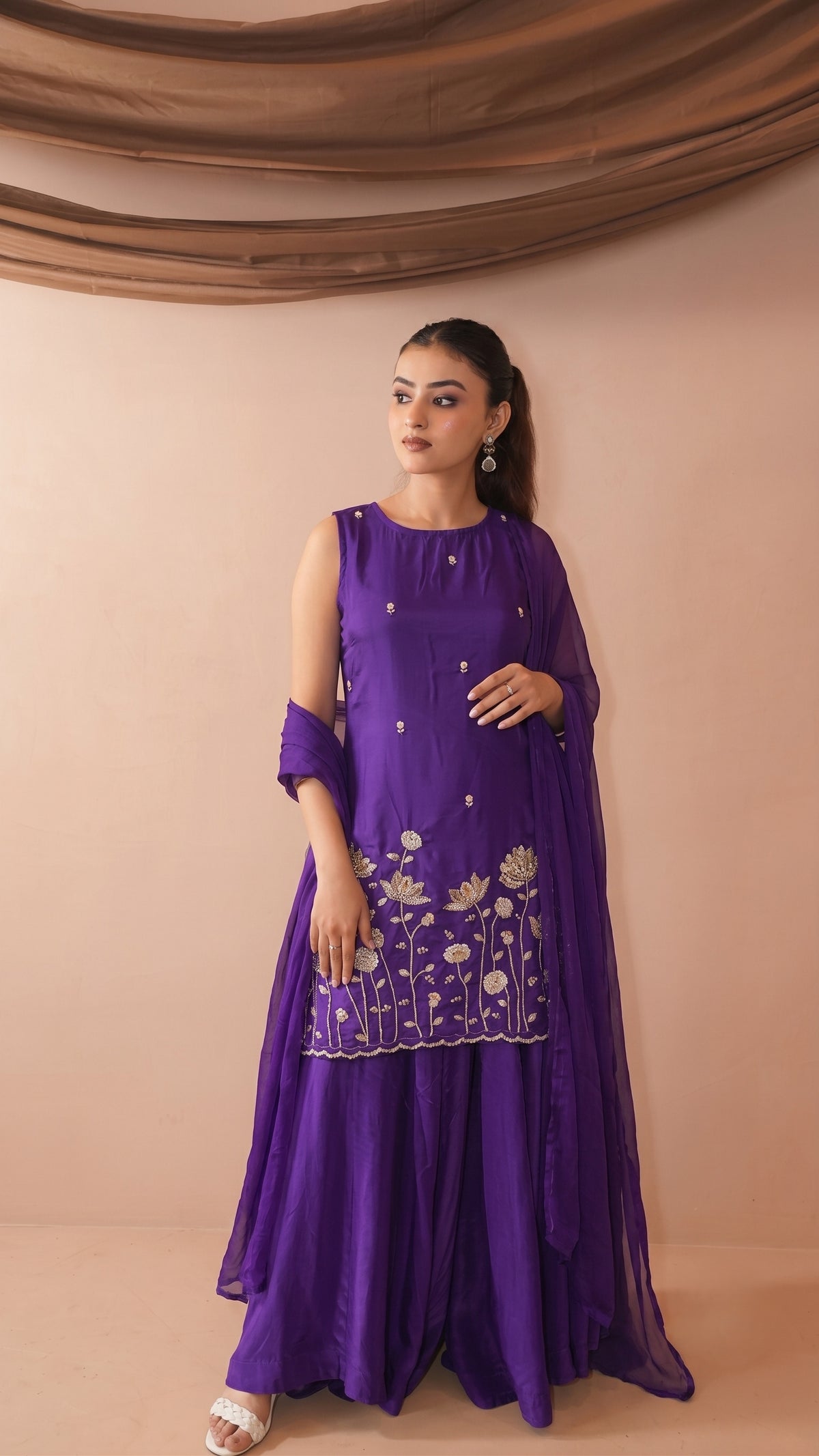 Violet French Crepe Beaded Embroidered Kurta Sharara Set with Dupatta
