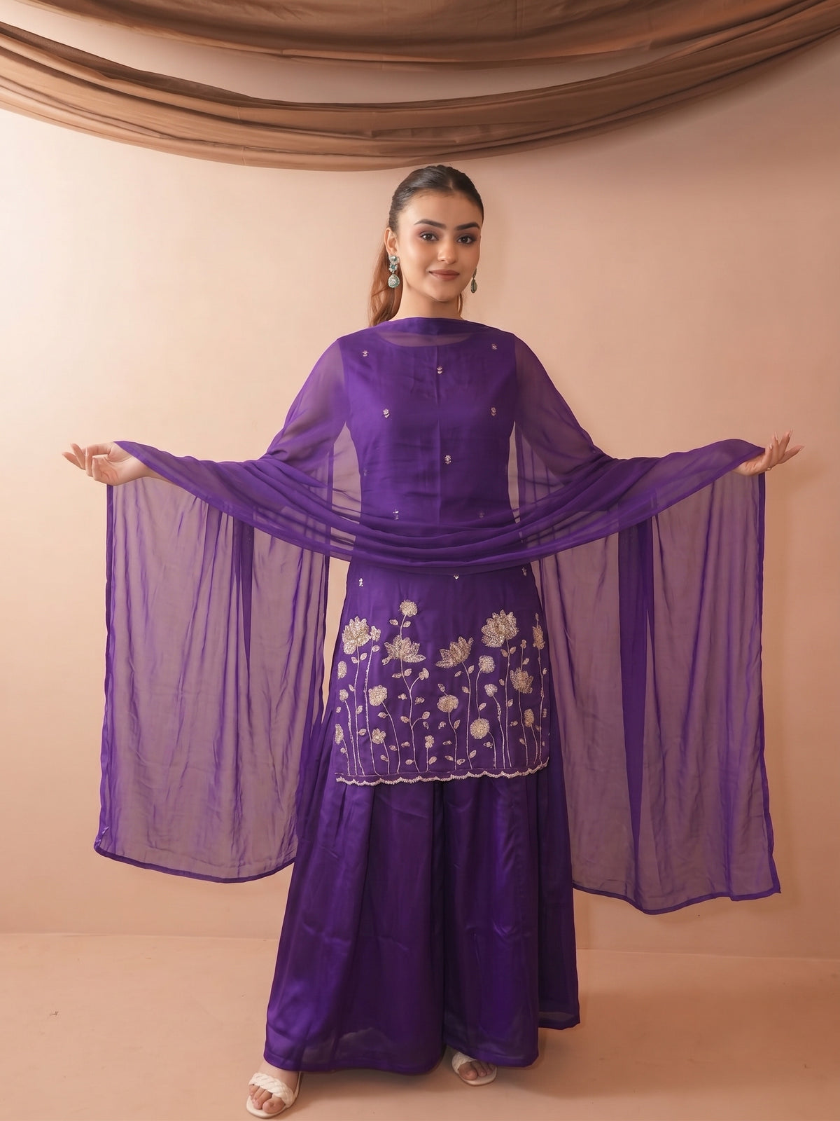 Violet French Crepe Beaded Embroidered Kurta Sharara Set with Dupatta