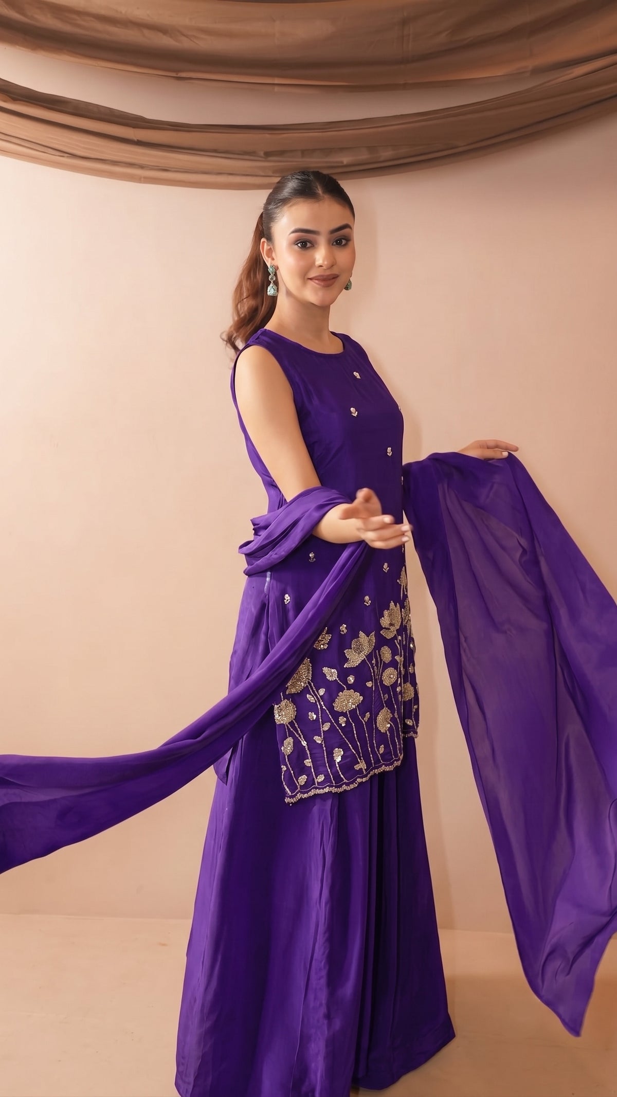 Violet French Crepe Beaded Embroidered Kurta Sharara Set with Dupatta