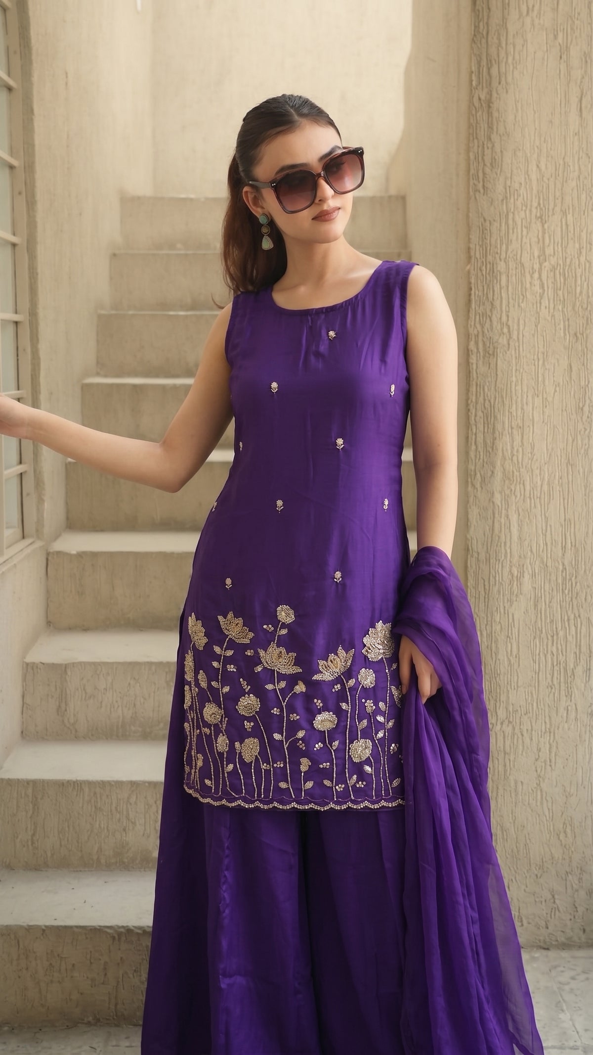 Violet French Crepe Beaded Embroidered Kurta Sharara Set with Dupatta