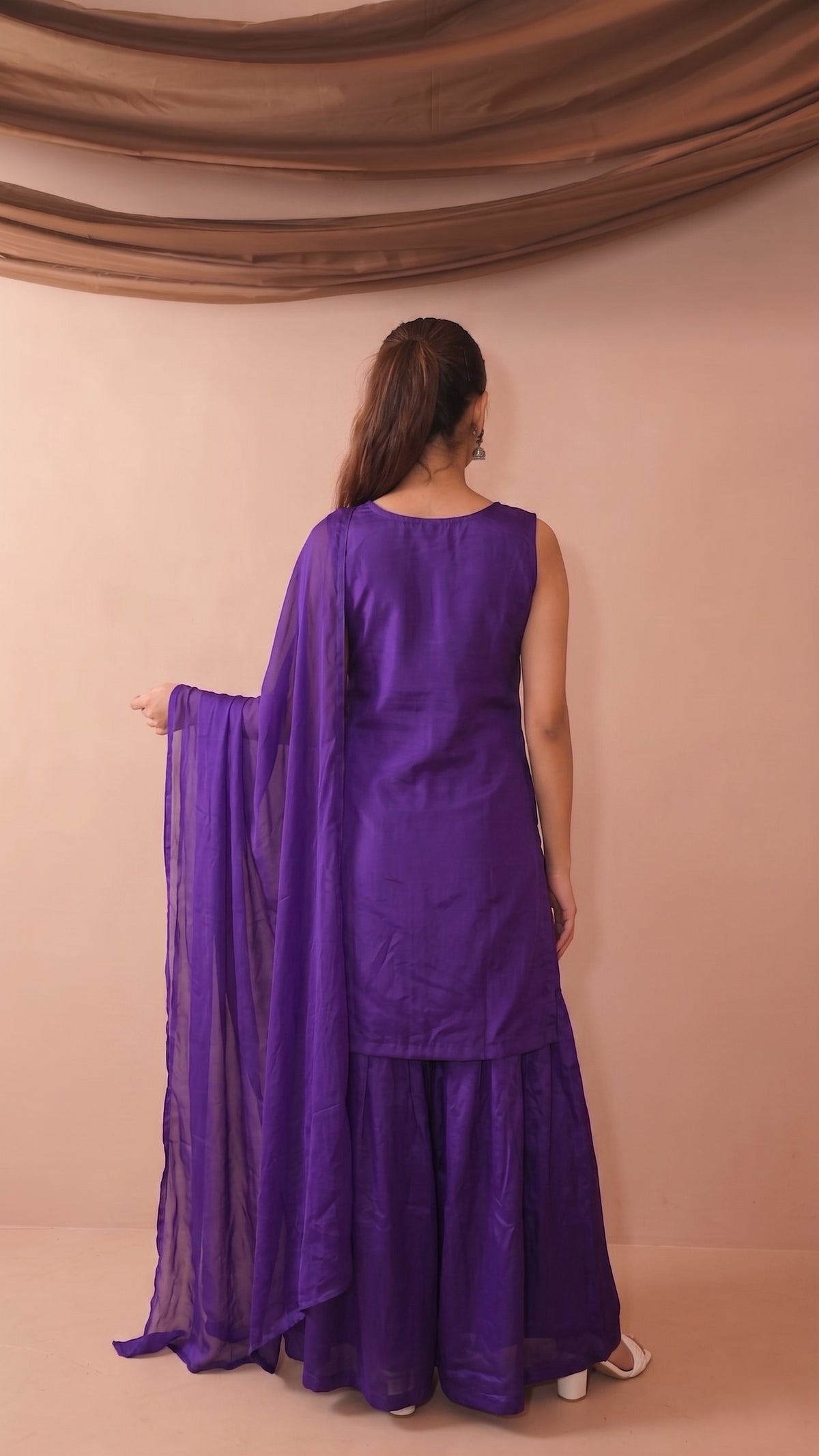 Violet French Crepe Beaded Embroidered Kurta Sharara Set with Dupatta