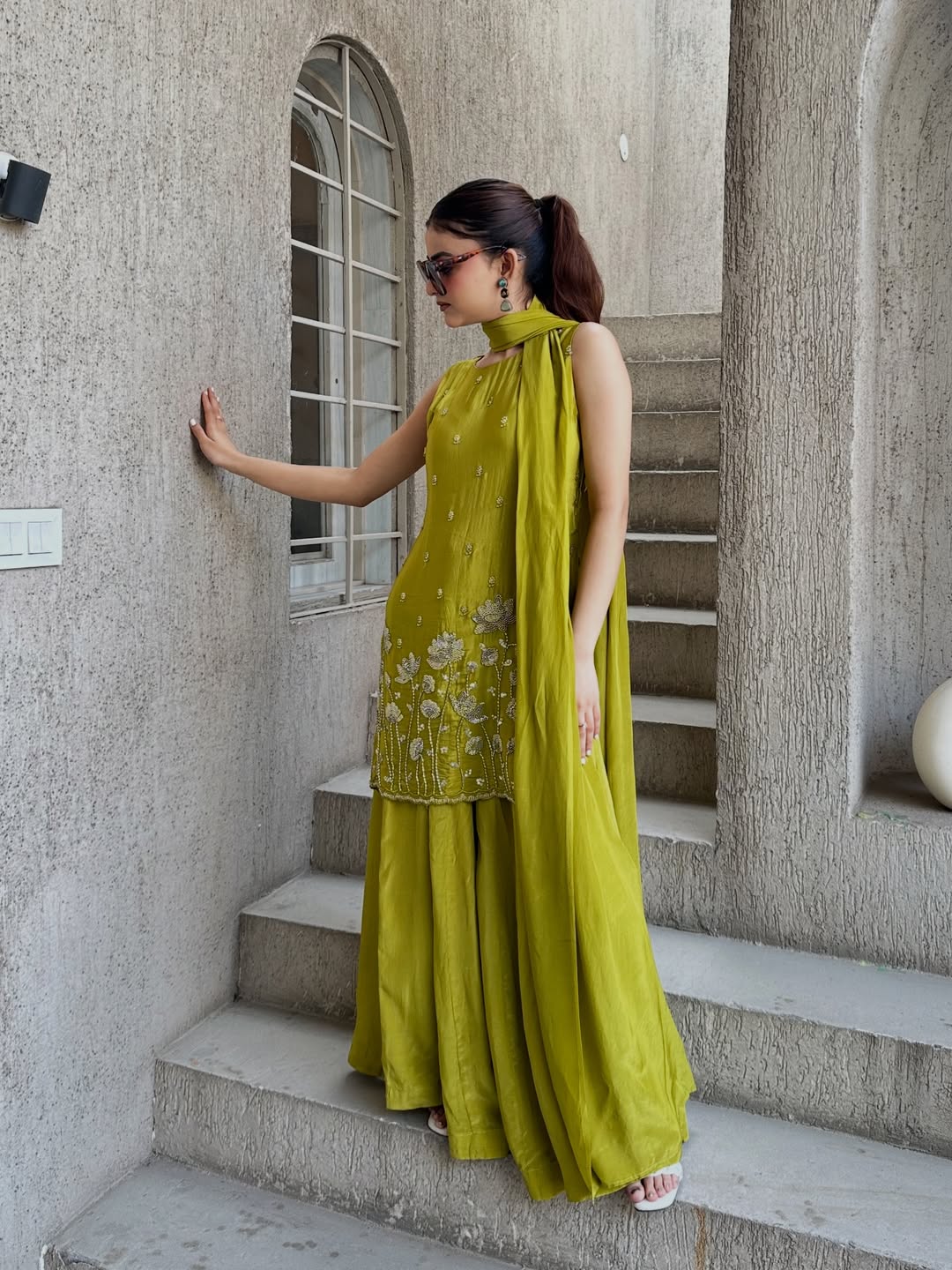 Olive Green French Crepe Beaded Embroidered Kurta Sharara Set with Dupatta