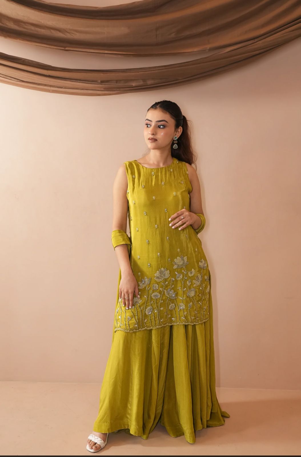 Olive Green French Crepe Beaded Embroidered Kurta Sharara Set with Dupatta