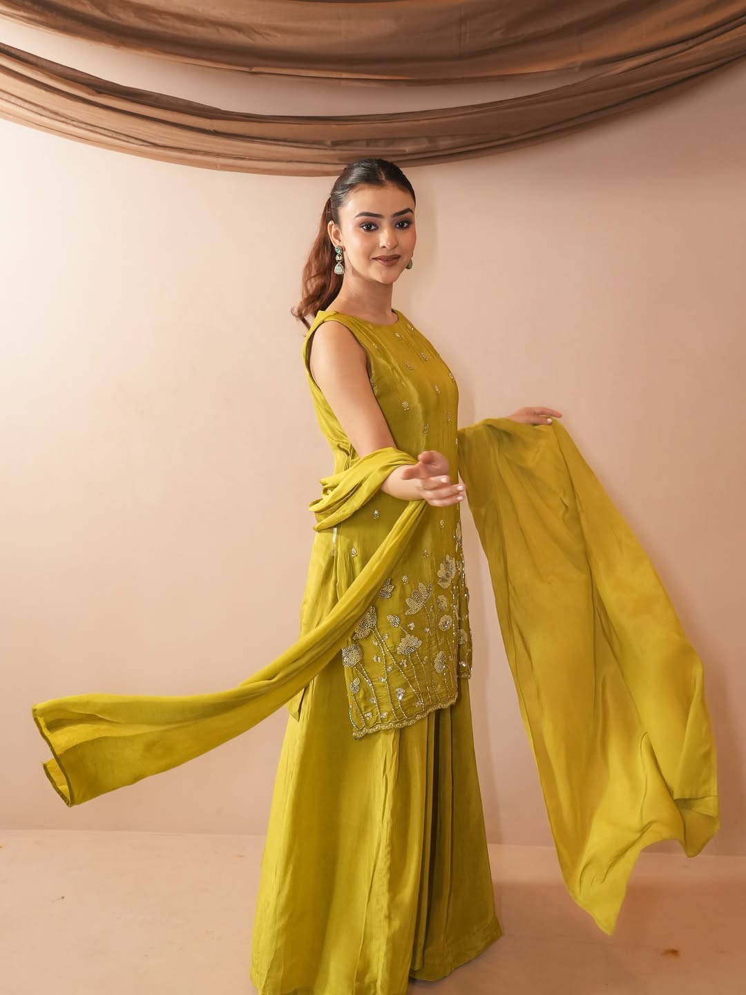 Olive Green French Crepe Beaded Embroidered Kurta Sharara Set with Dupatta