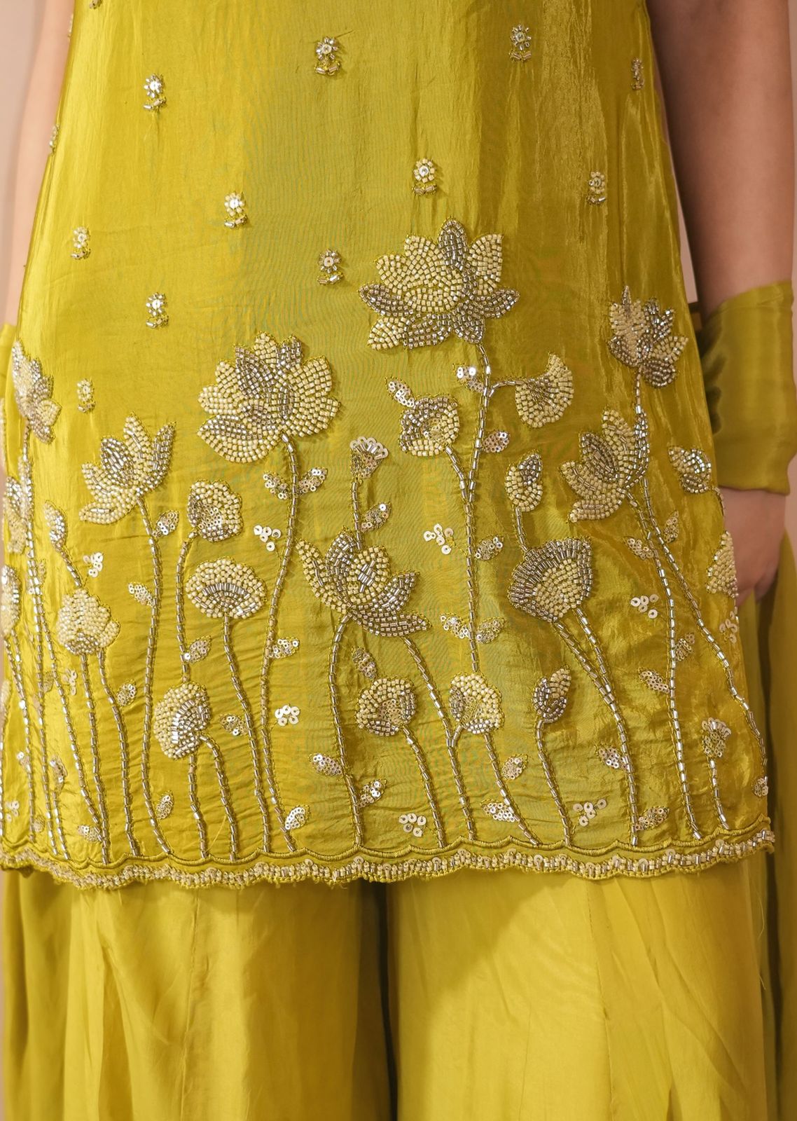 Olive Green French Crepe Beaded Embroidered Kurta Sharara Set with Dupatta