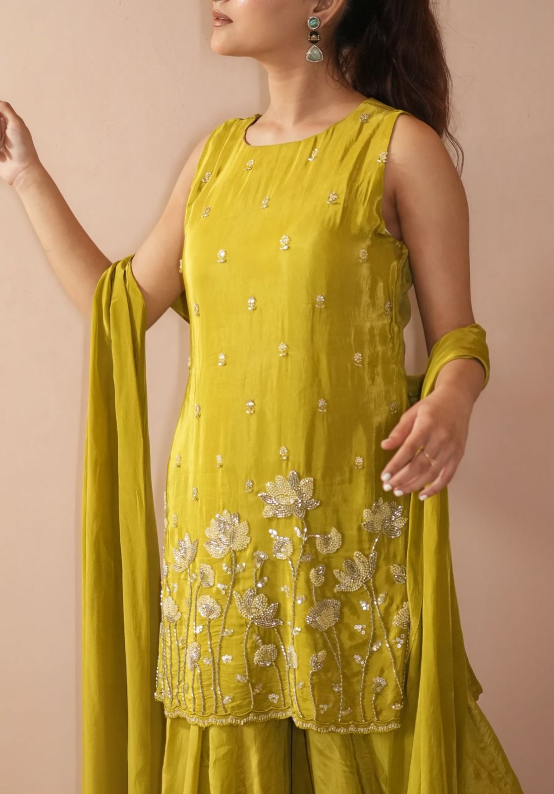 Olive Green French Crepe Beaded Embroidered Kurta Sharara Set with Dupatta