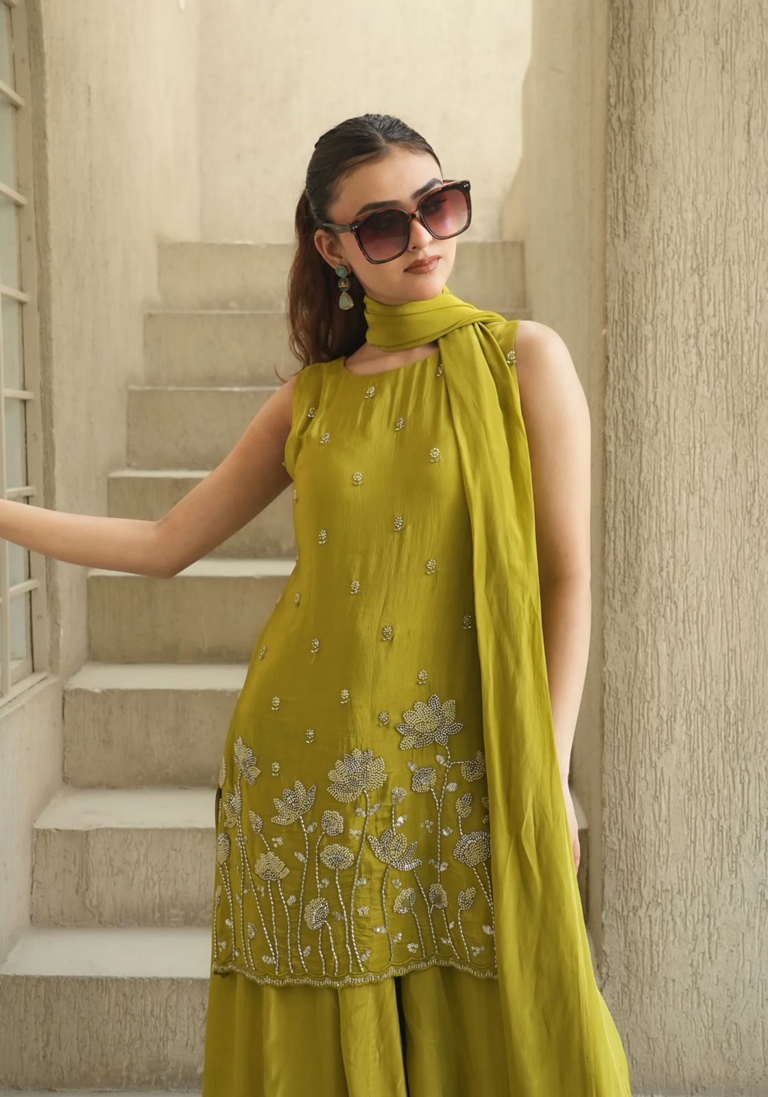 Olive Green French Crepe Beaded Embroidered Kurta Sharara Set with Dupatta