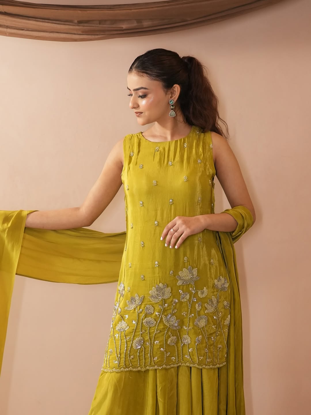 Olive Green French Crepe Beaded Embroidered Kurta Sharara Set with Dupatta