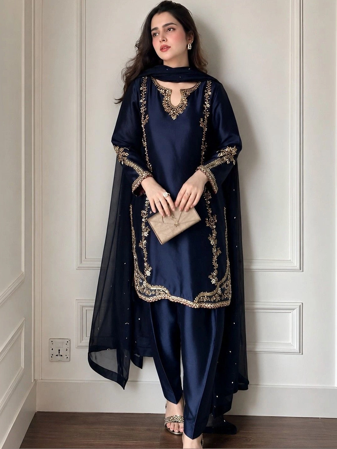 Women’s Navy Blue Silk Embroidered Straight Kurta Set with Palazzo & Dupatta