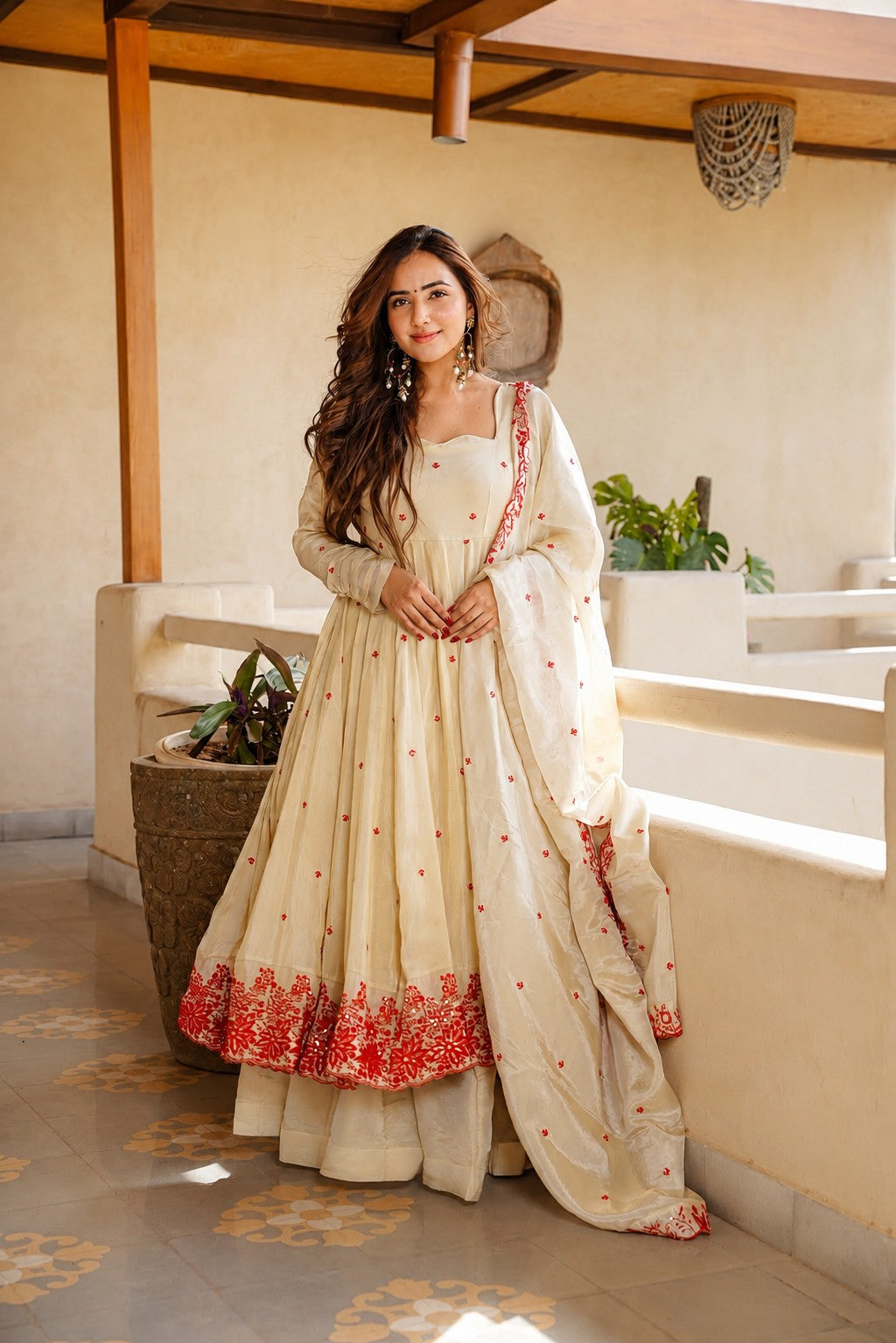 Women’s Cream Silk Embroidered Anarkali Suit Set with Dupatta & Palazzo
