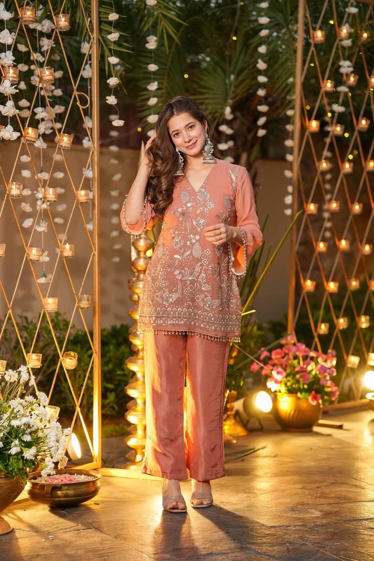 Peach Embroidered Art Silk Kurta with Pant