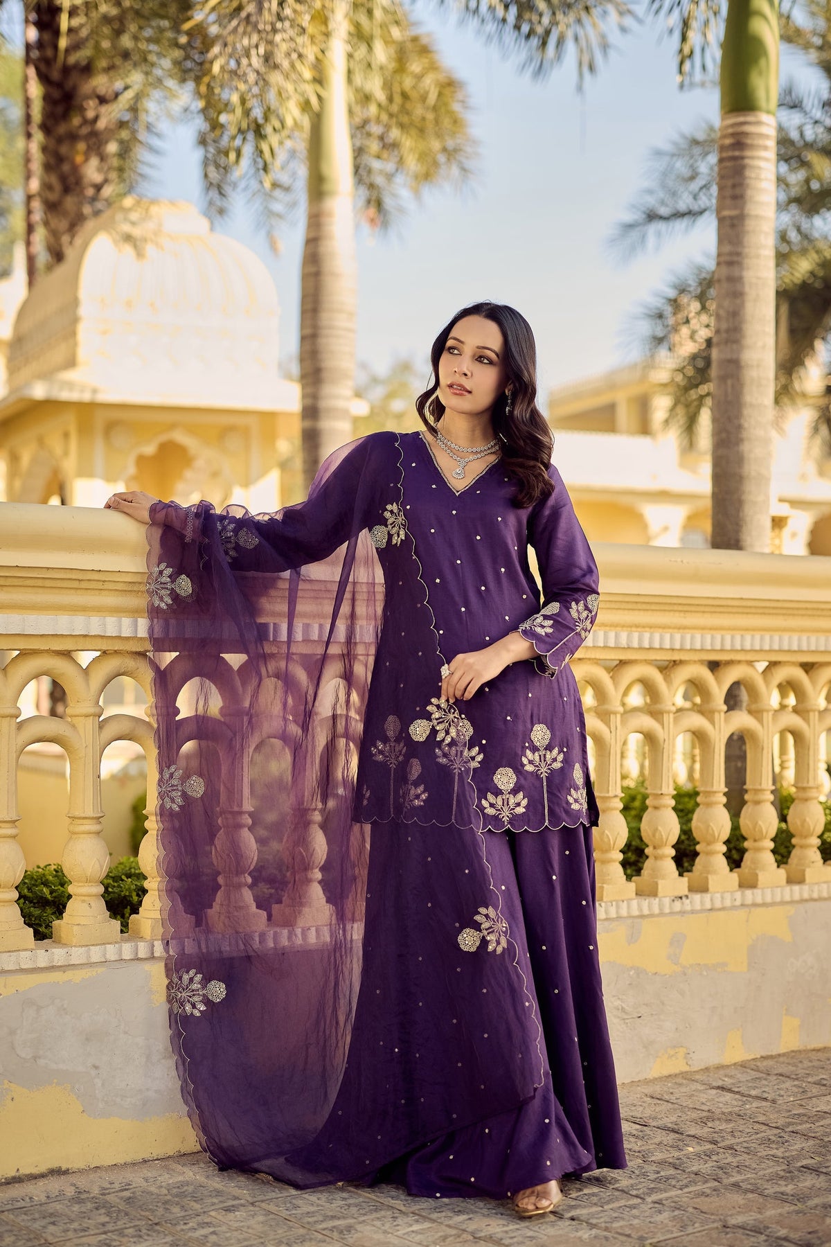 Gulabo Wine Embroidered Peplum Sharara Set with Dupatta for Women