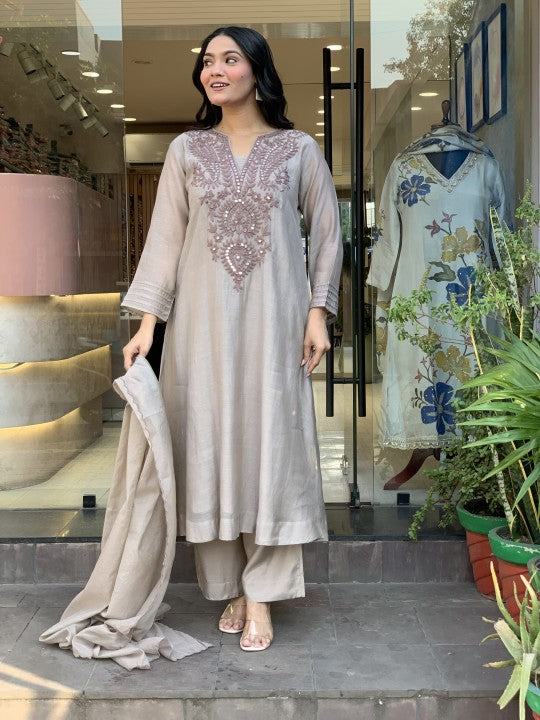 Gery Embroidered Silk Anarkali Kurta With Dupatta Set For Women