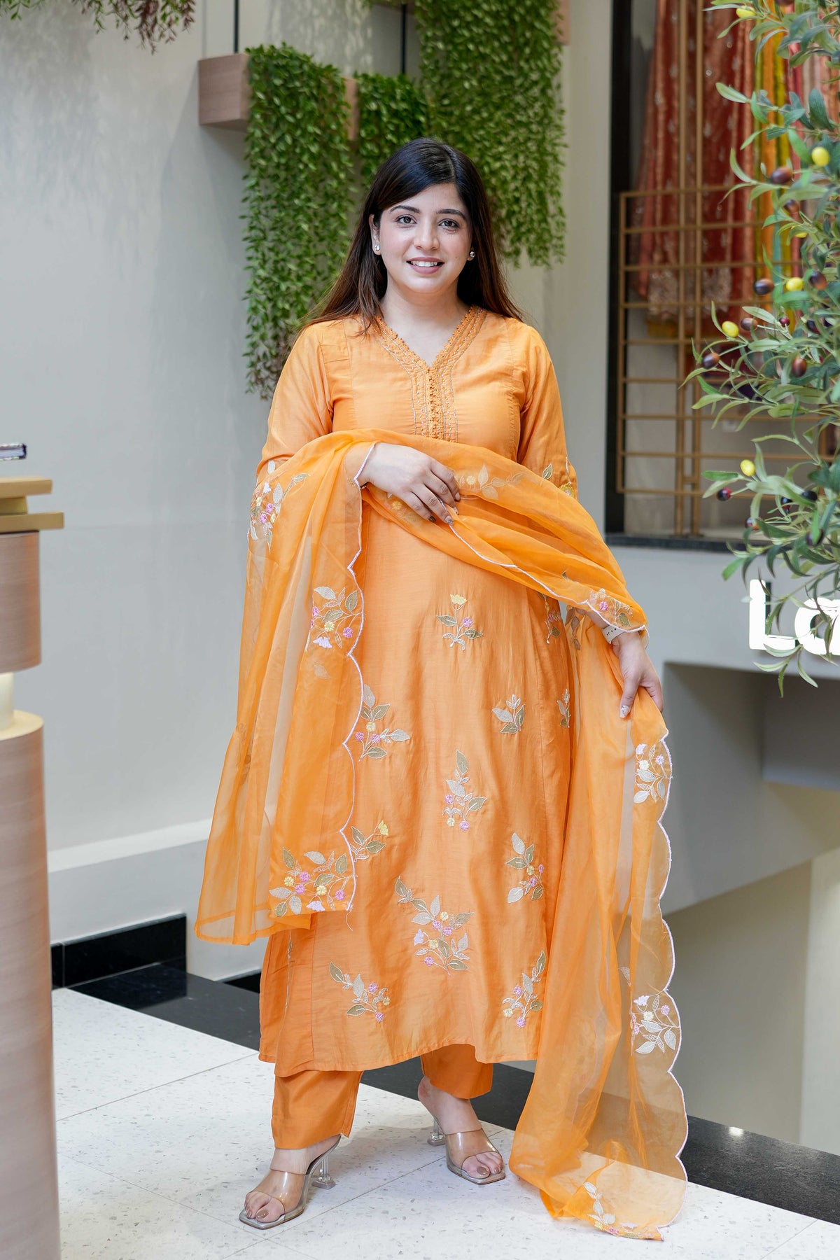 Orange Muslin Embroidered Kurta Set with an Organza Dupatta