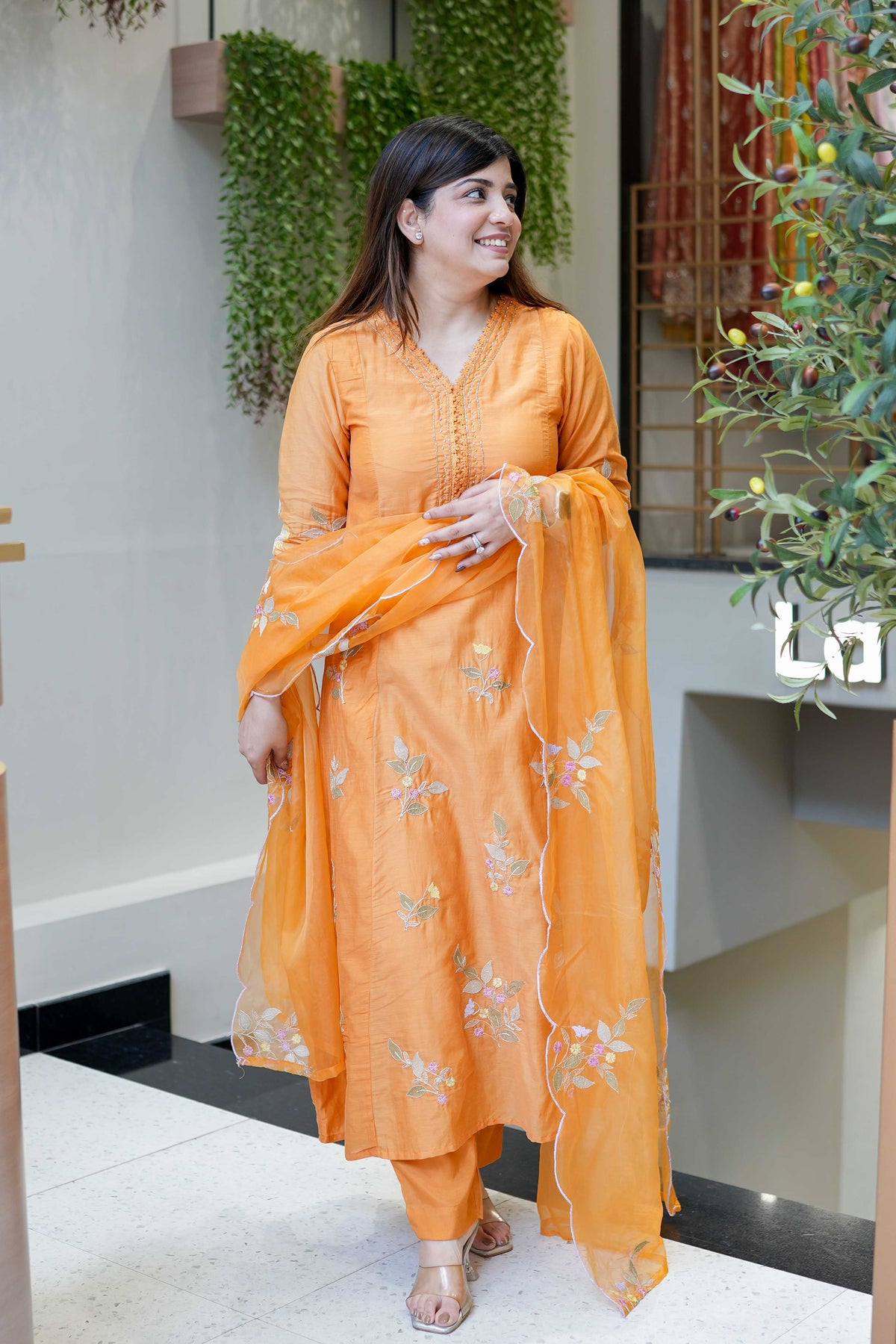 Orange Muslin Embroidered Kurta Set with an Organza Dupatta