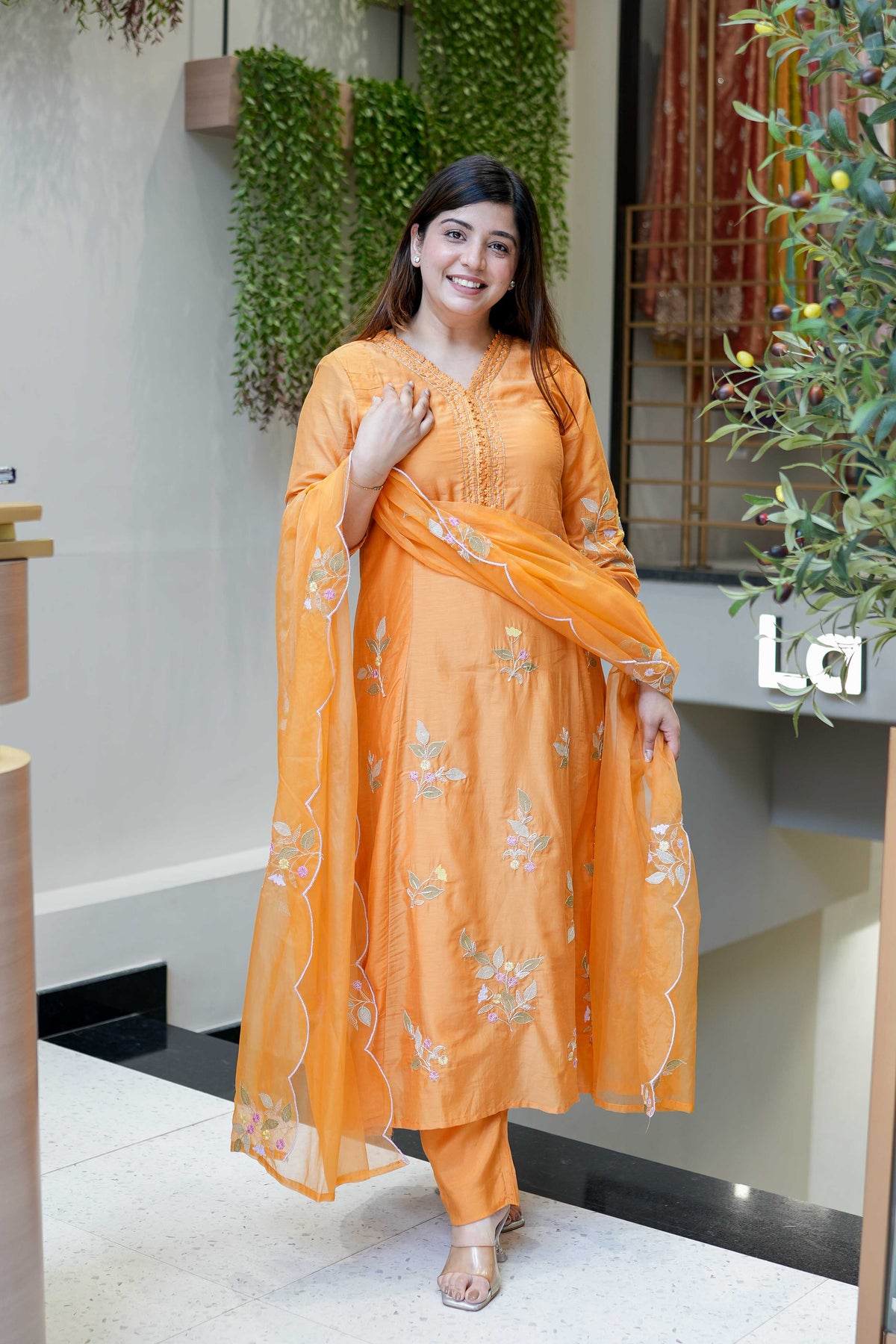 Orange Muslin Embroidered Kurta Set with an Organza Dupatta