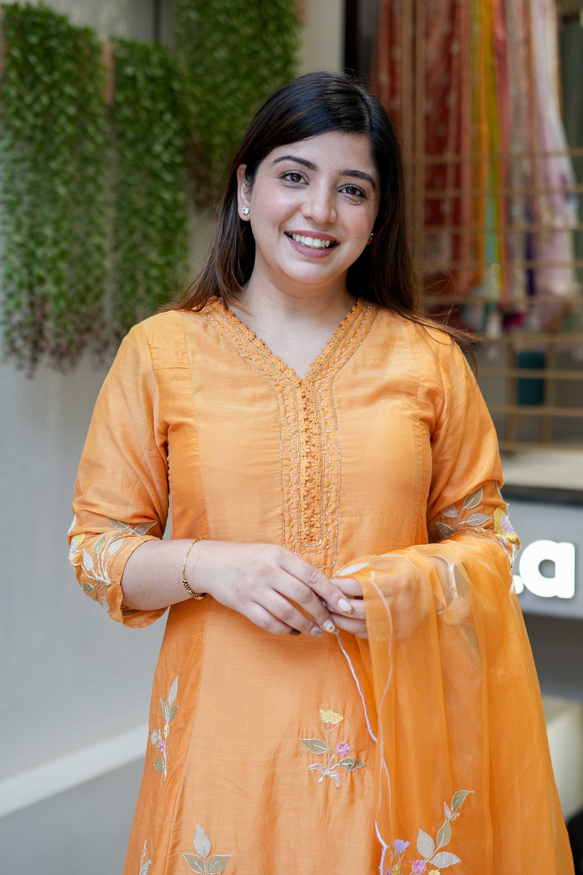 Orange Muslin Embroidered Kurta Set with an Organza Dupatta