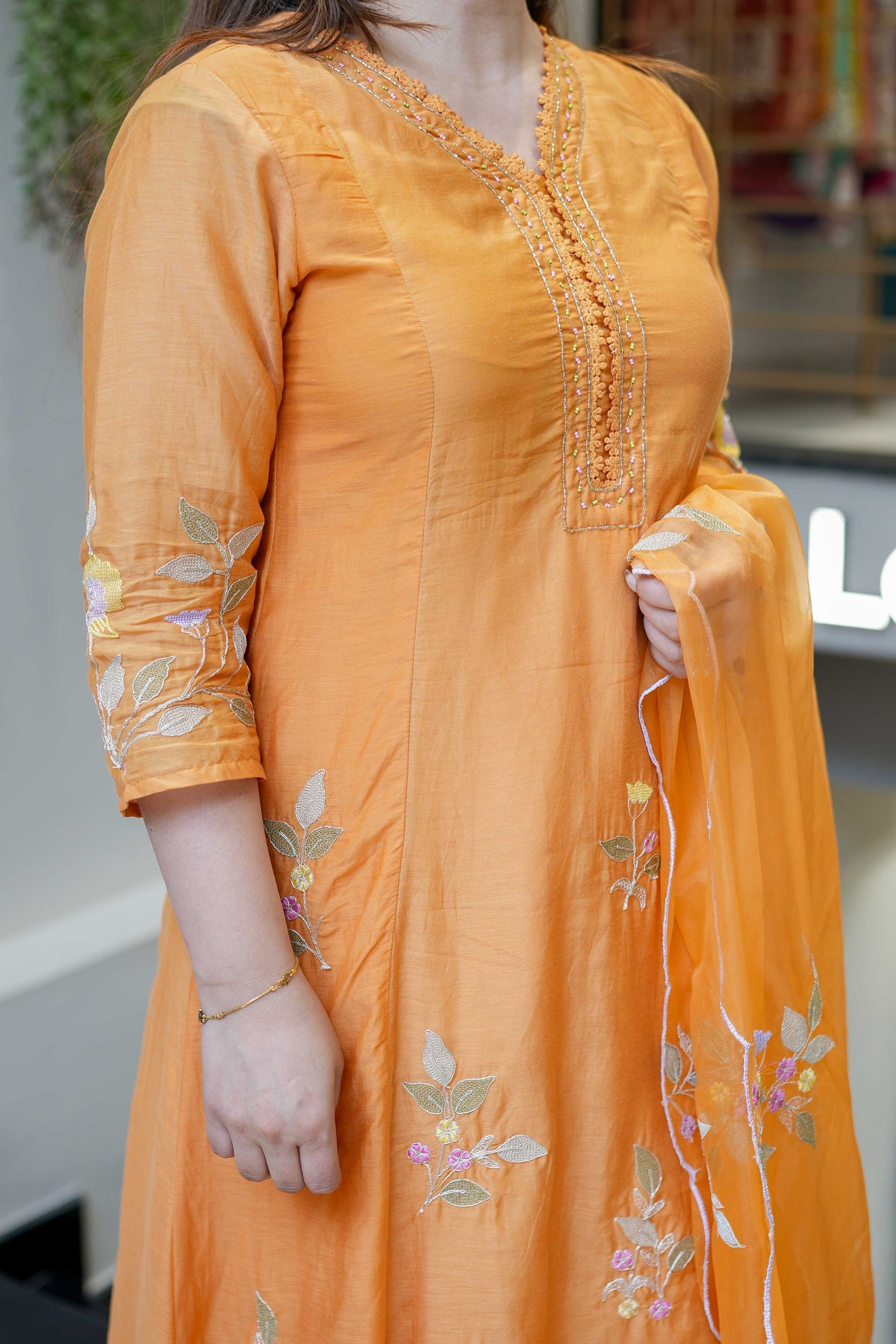 Orange Muslin Embroidered Kurta Set with an Organza Dupatta