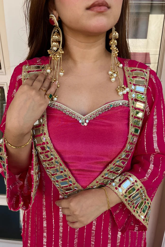 Women's Rani Pink Embroidered Georgette Straight Kurta With Sharara & Dupatta