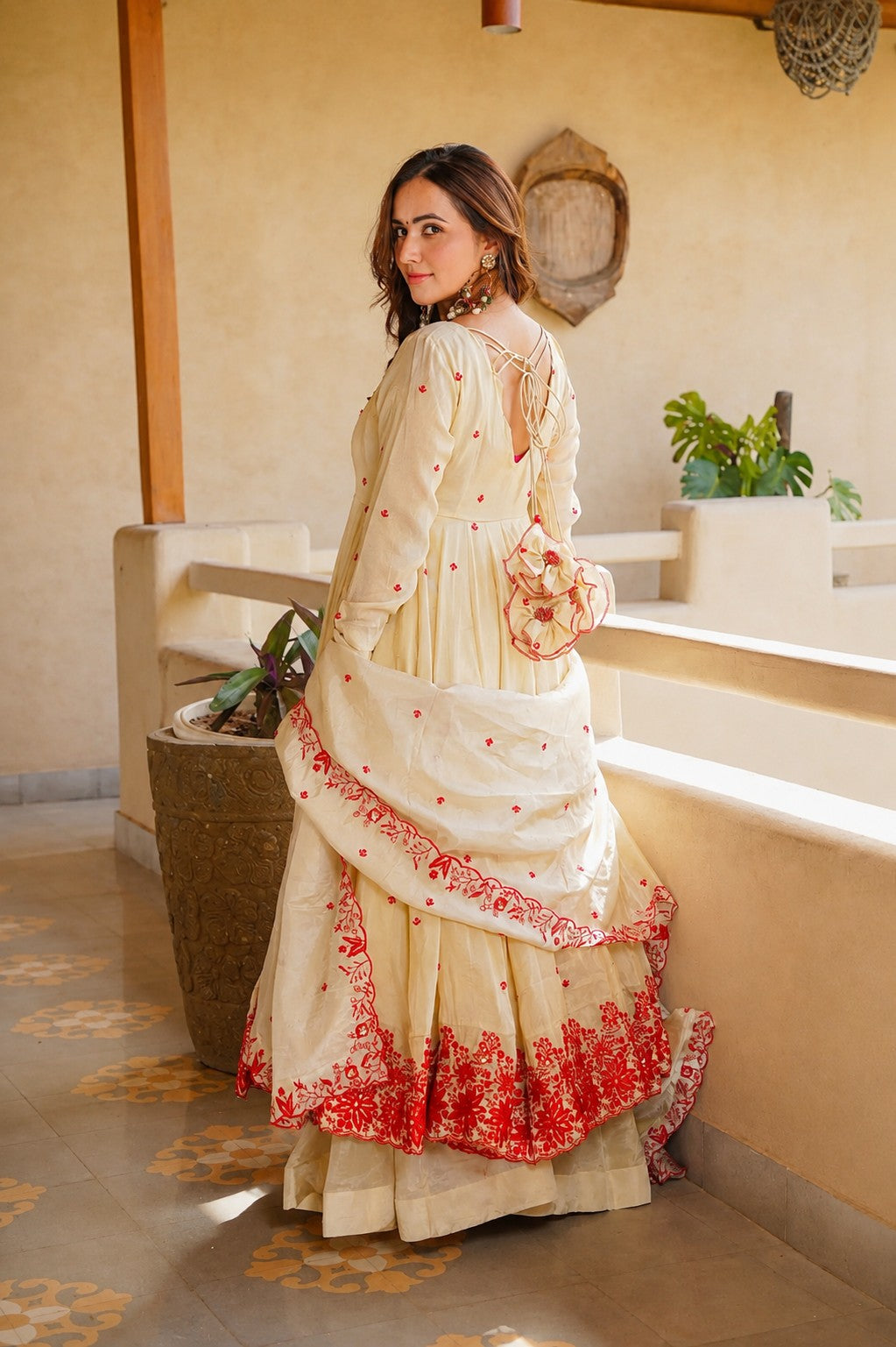 Women’s Cream Silk Embroidered Anarkali Suit Set with Dupatta & Palazzo