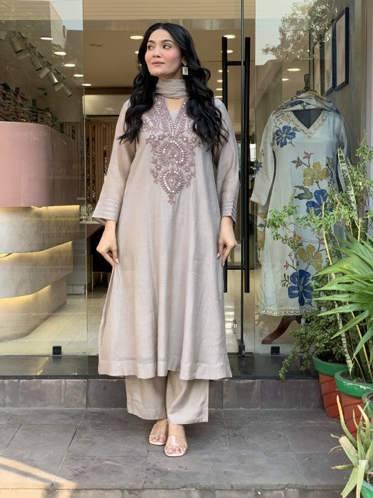 Gery Embroidered Silk Anarkali Kurta With Dupatta Set For Women