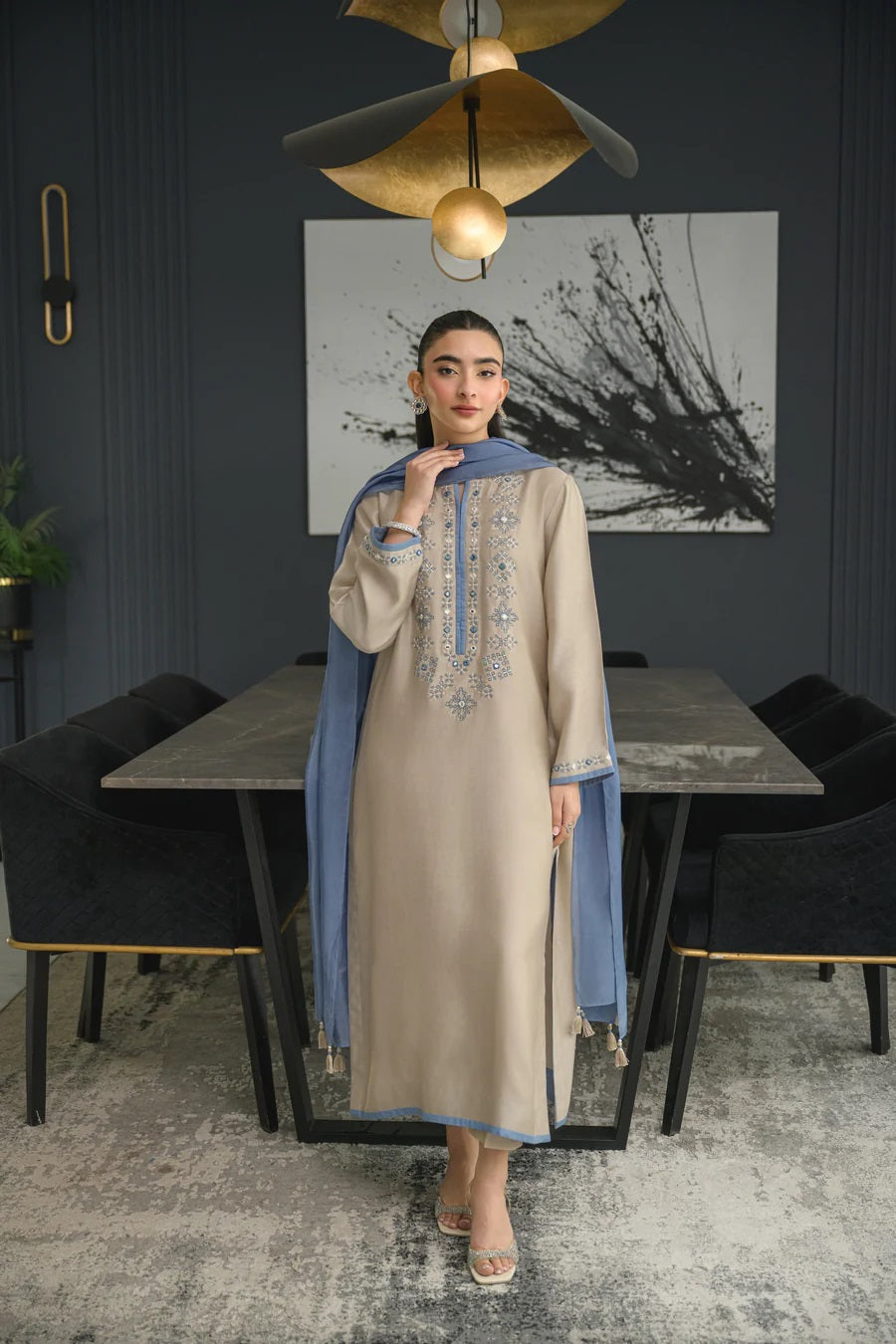 Grey Embroidered Straight Kurta Suit Set for Women