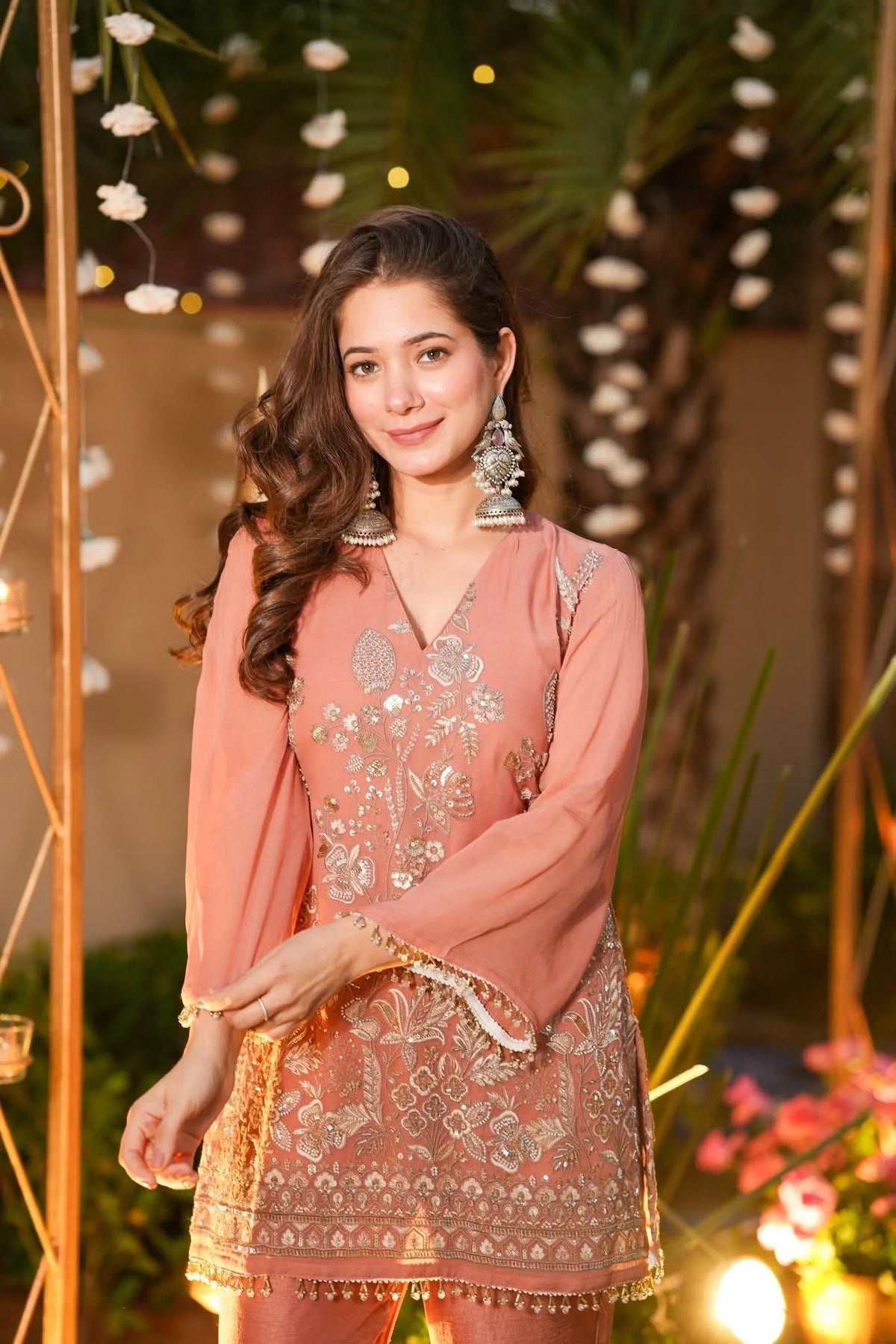 Peach Embroidered Art Silk Kurta with Pant