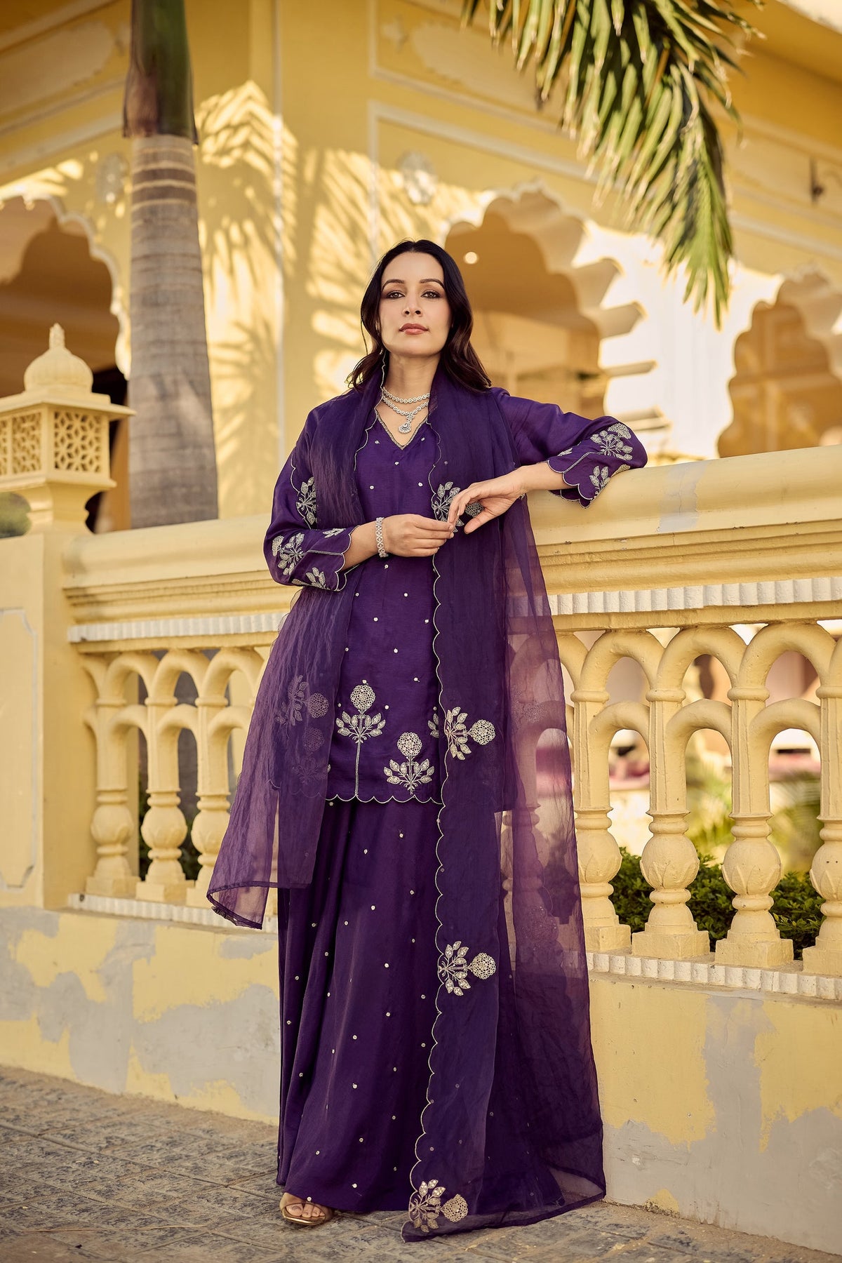 Gulabo Wine Embroidered Peplum Sharara Set with Dupatta for Women