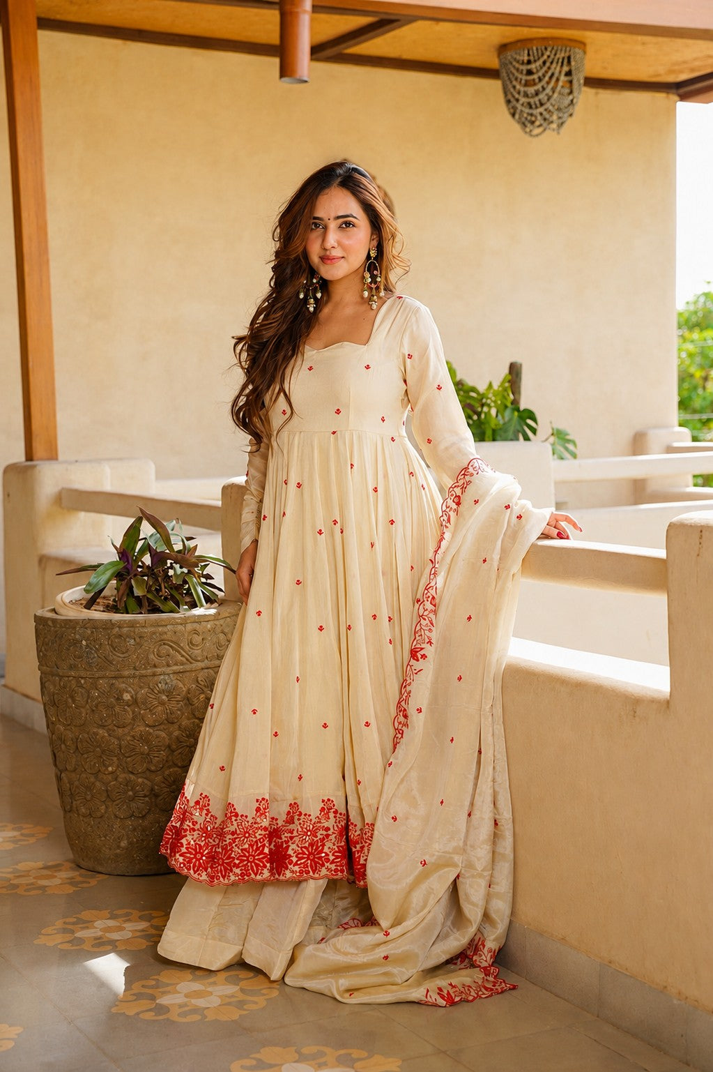 Women’s Cream Silk Embroidered Anarkali Suit Set with Dupatta & Palazzo